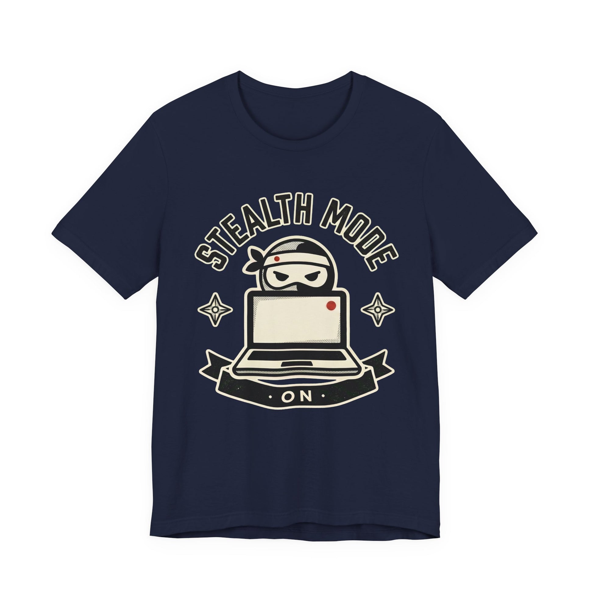 Navy Bella+Canvas 3001 unisex tee with Stealth Mode On ninja laptop badge graphic, flat lay