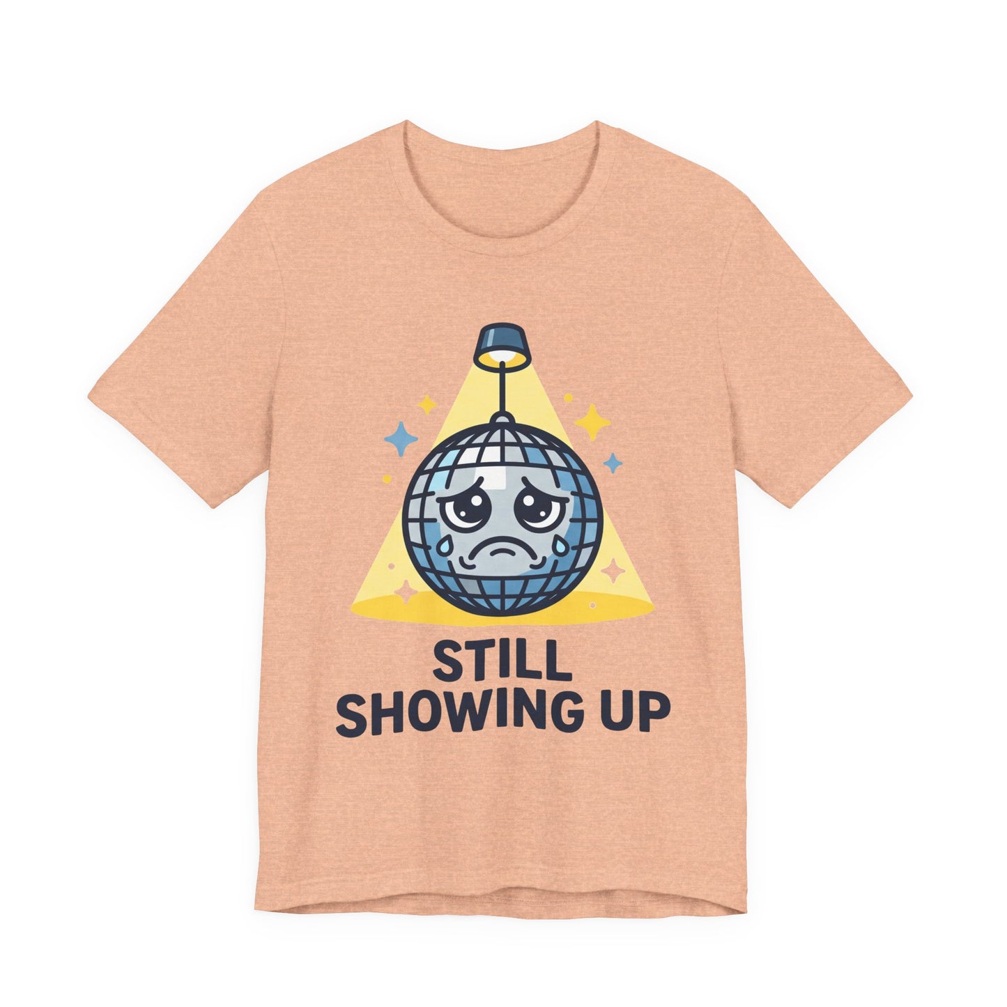 Black Bella+Canvas 3001 unisex tee with Still Showing Up graphic, on hanger