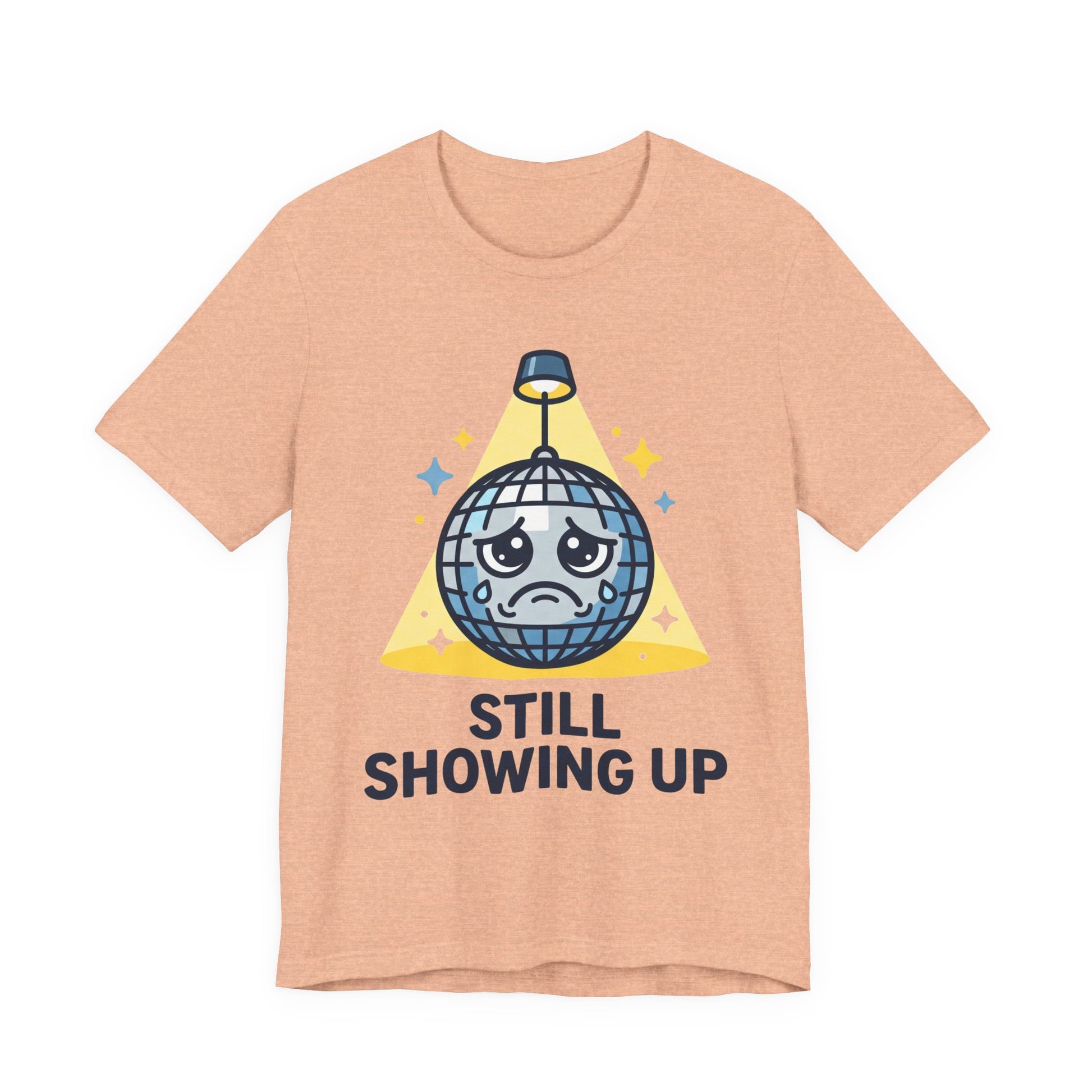 Black Bella+Canvas 3001 unisex tee with Still Showing Up graphic, on hanger