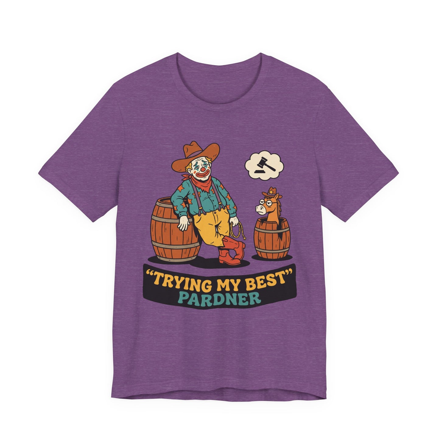 Red Bella+Canvas 3001 unisex tee with Trying My Best Pardner graphic, flat lay