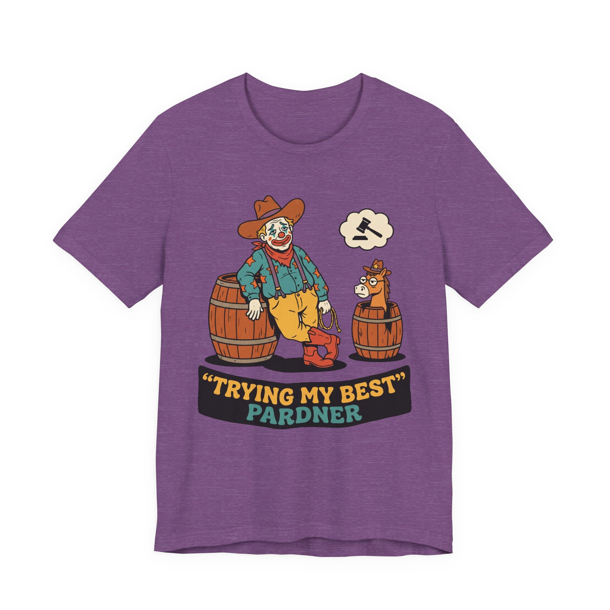 Red Bella+Canvas 3001 unisex tee with Trying My Best Pardner graphic, flat lay
