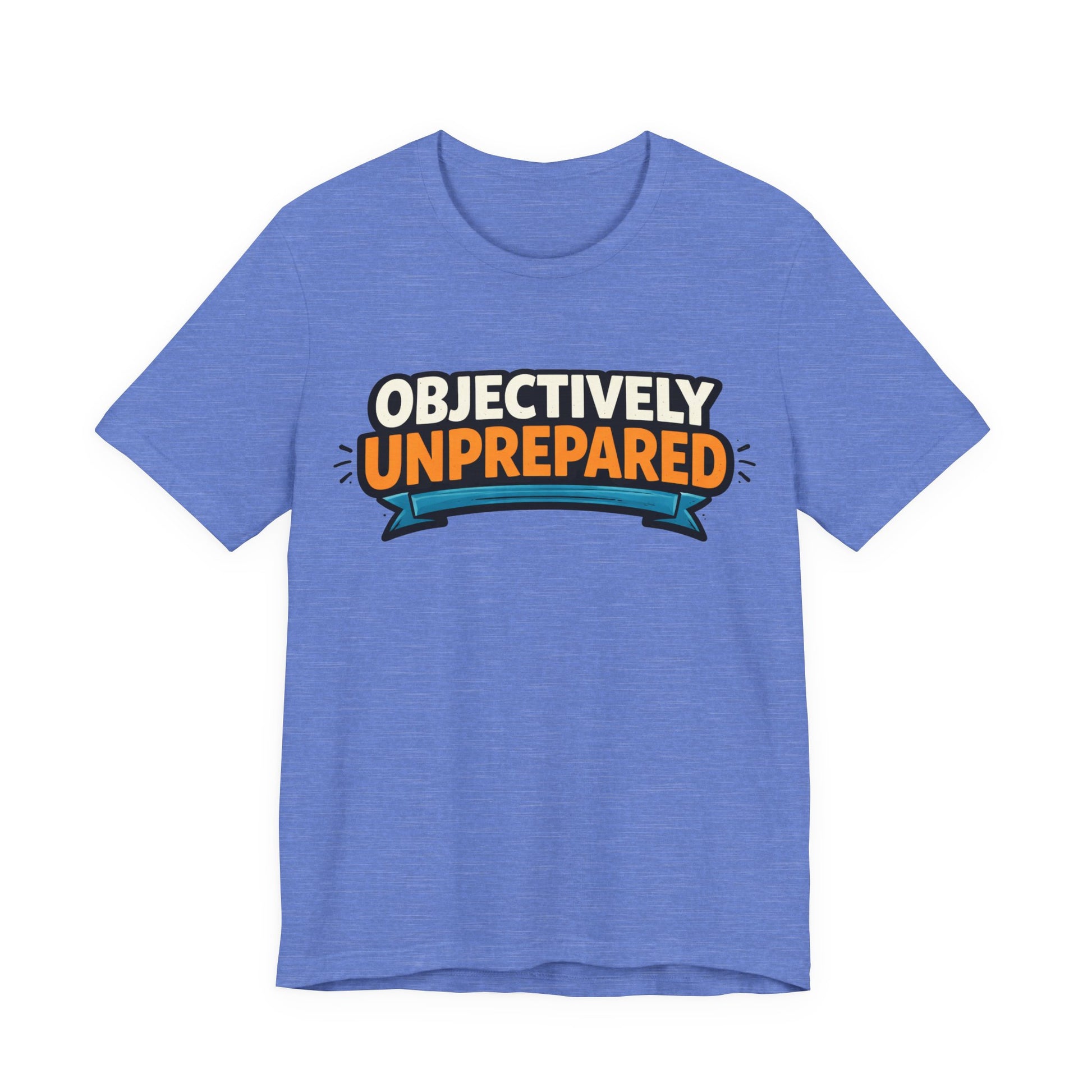 Navy Bella+Canvas 3001 unisex tee with Objectively Unprepared graphic, flat lay