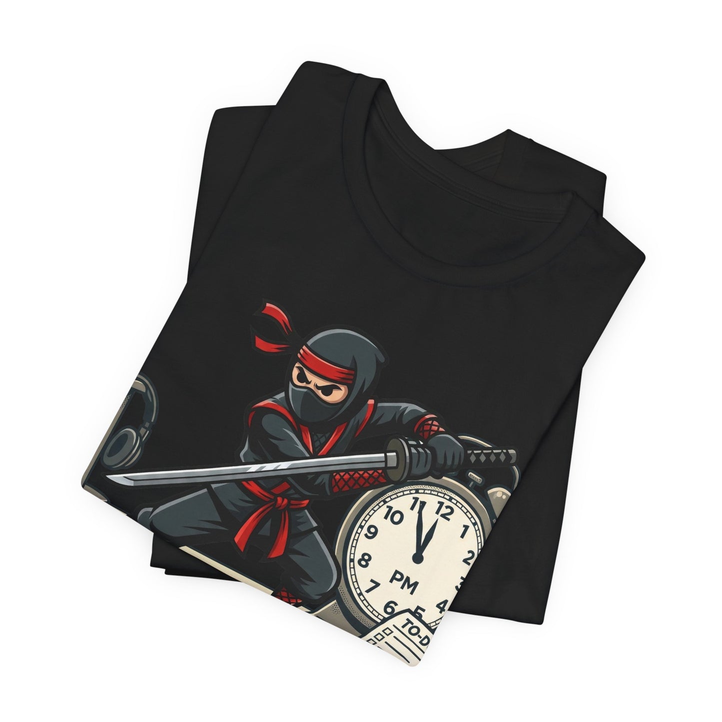 Black Bella+Canvas 3001 unisex tee with I'm Not Procrastinating ninja and clock graphic, on hanger