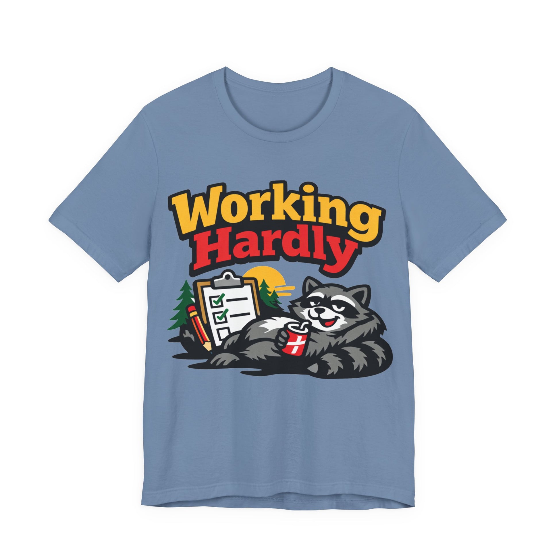 Asphalt Bella+Canvas 3001 unisex tee with Working Hardly raccoon graphic, on hanger