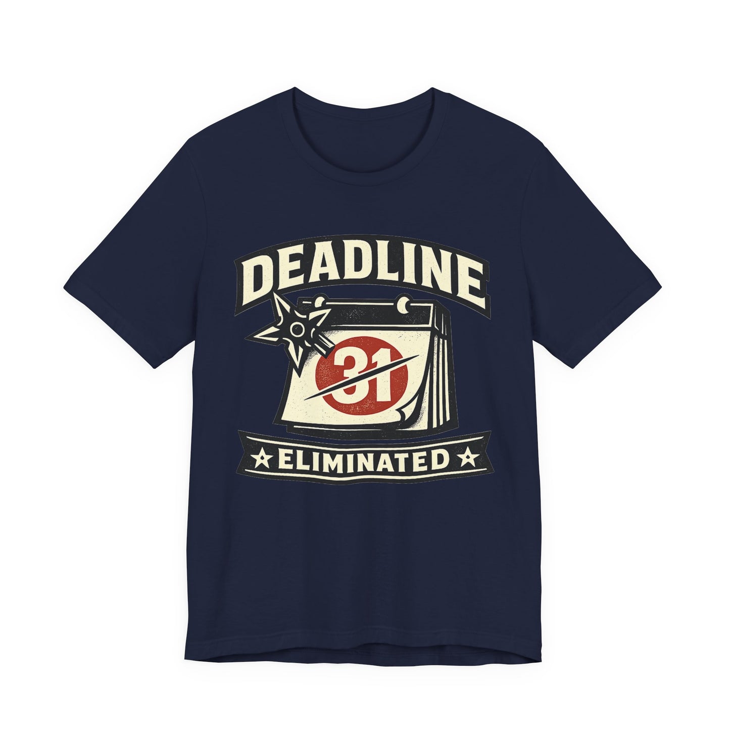 Navy Bella+Canvas Red Bella+Canvas 3001 unisex tee with Deadline Eliminated ninja badge graphic, flat lay3001 unisex tee with Deadline Eliminated ninja badge graphic, flat lay