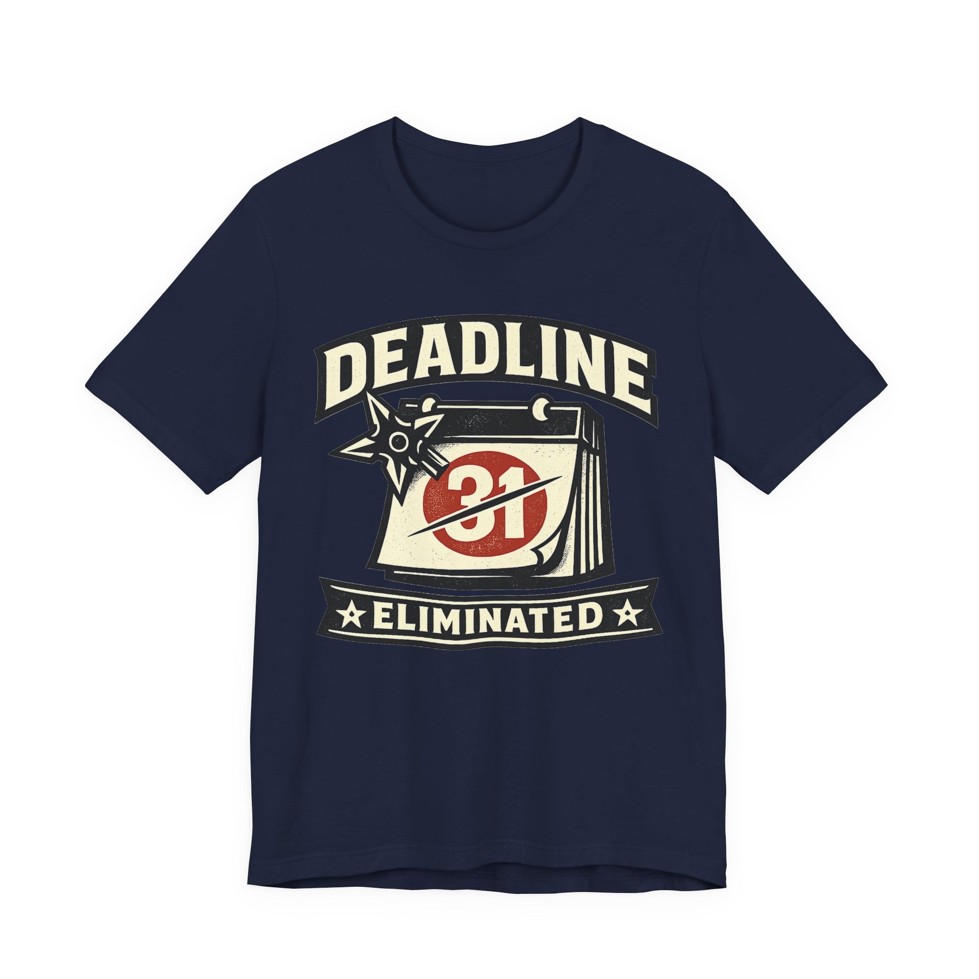 Navy Bella+Canvas Red Bella+Canvas 3001 unisex tee with Deadline Eliminated ninja badge graphic, flat lay3001 unisex tee with Deadline Eliminated ninja badge graphic, flat lay
