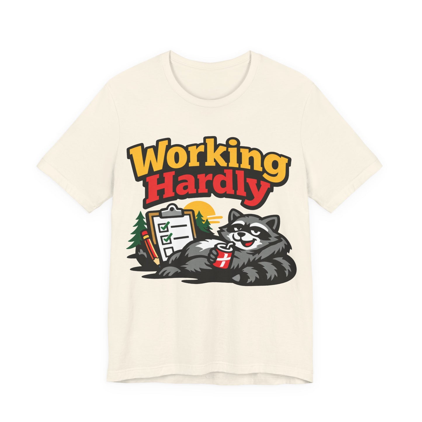 Natural Bella+Canvas 3001 unisex tee with Working Hardly raccoon graphic, on hanger