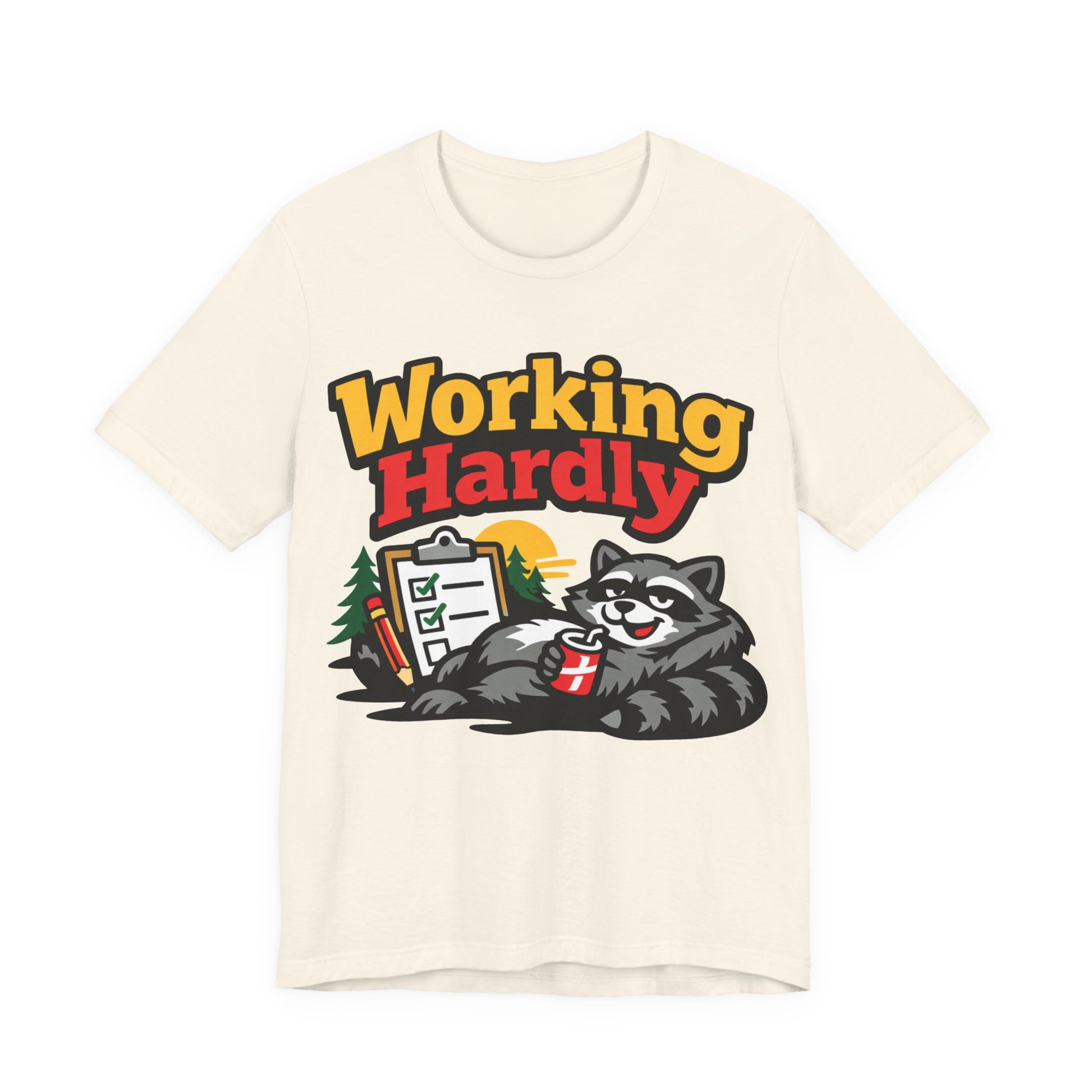 Natural Bella+Canvas 3001 unisex tee with Working Hardly raccoon graphic, on hanger