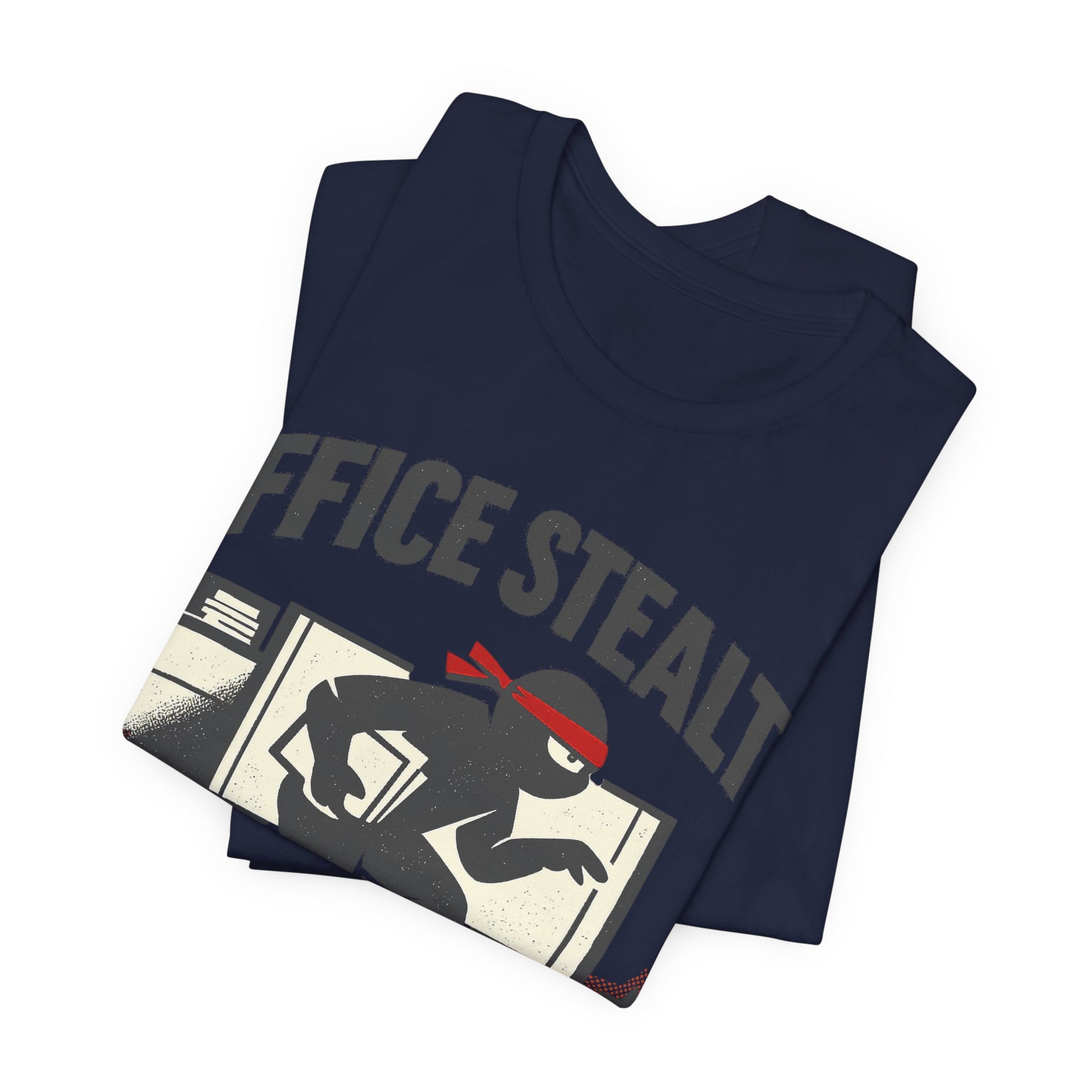 Asphalt Bella+Canvas 3001 unisex tee with Office Stealth vintage faded ninja design, flat lay