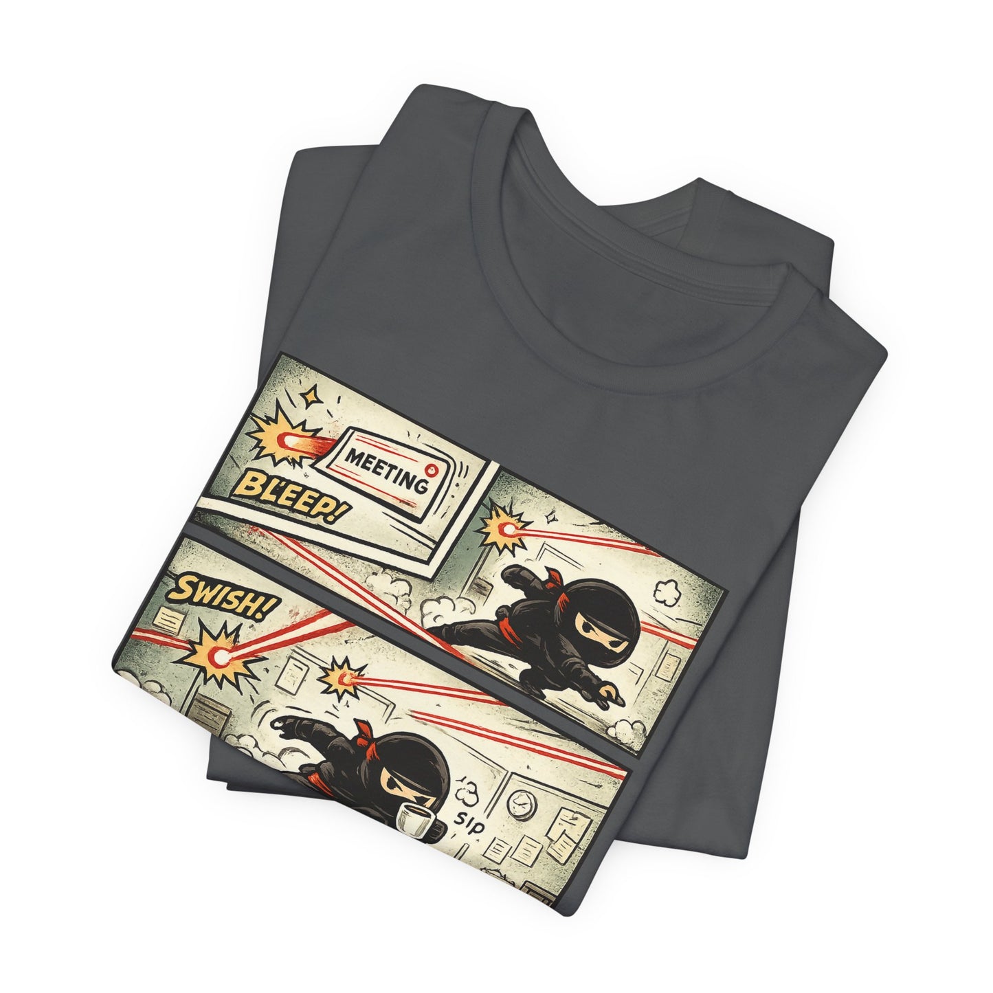 Asphalt Bella+Canvas 3001 unisex tee with Quiet Winning ninja comic strip graphic, on hanger