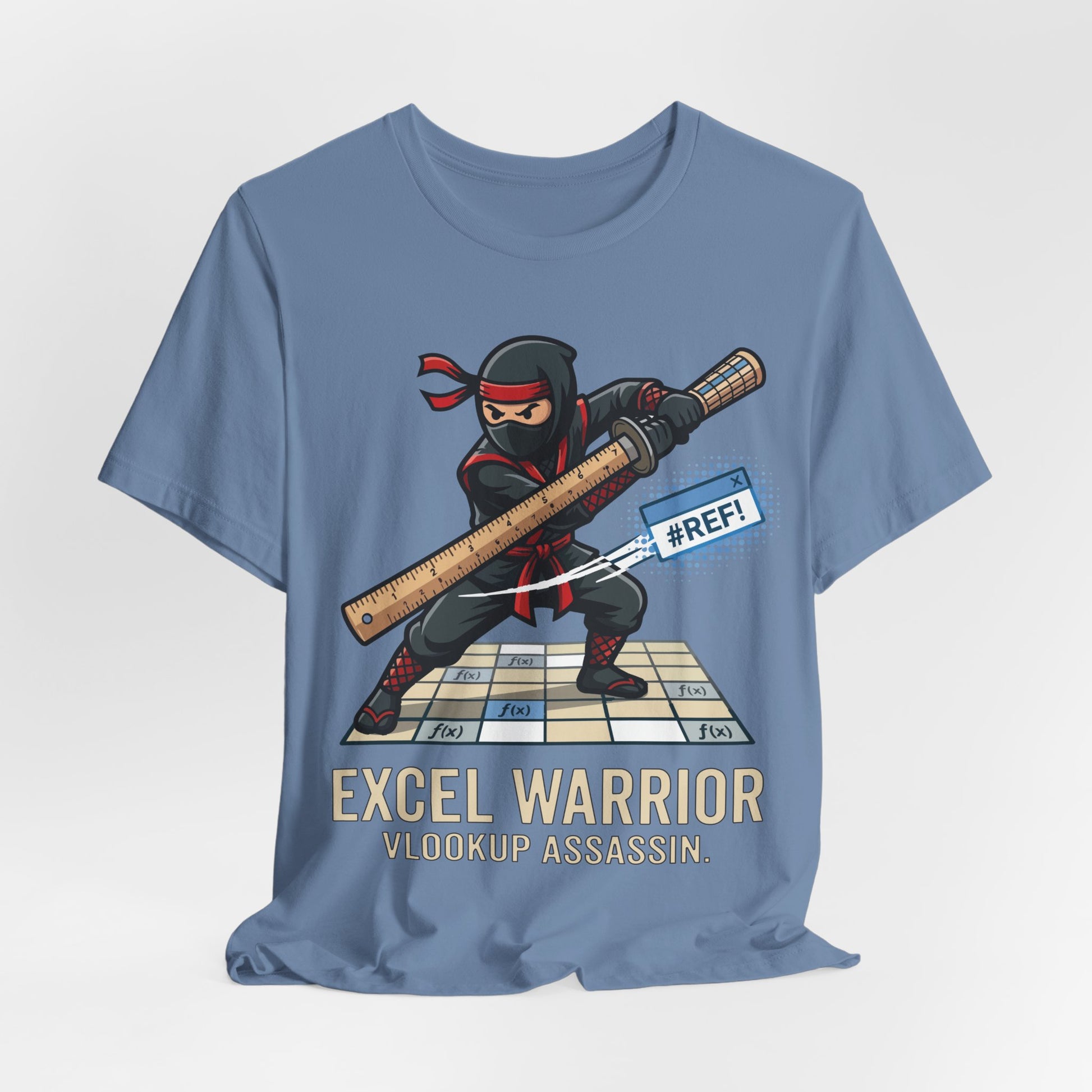 Steel Blue Bella+Canvas 3001 unisex tee with Excel Warrior VLOOKUP Assassin ninja graphic detail view