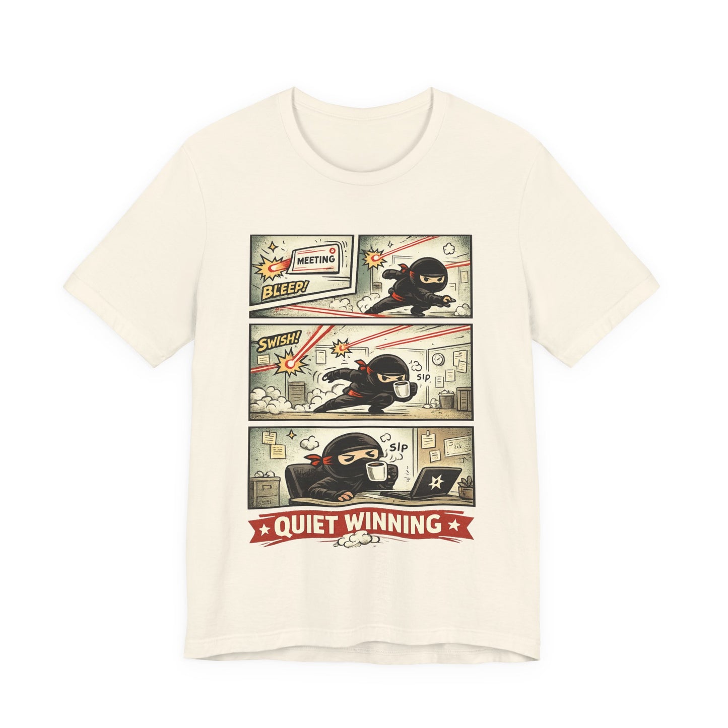 Natural Bella+Canvas 3001 unisex tee with Quiet Winning ninja comic strip graphic, flat lay