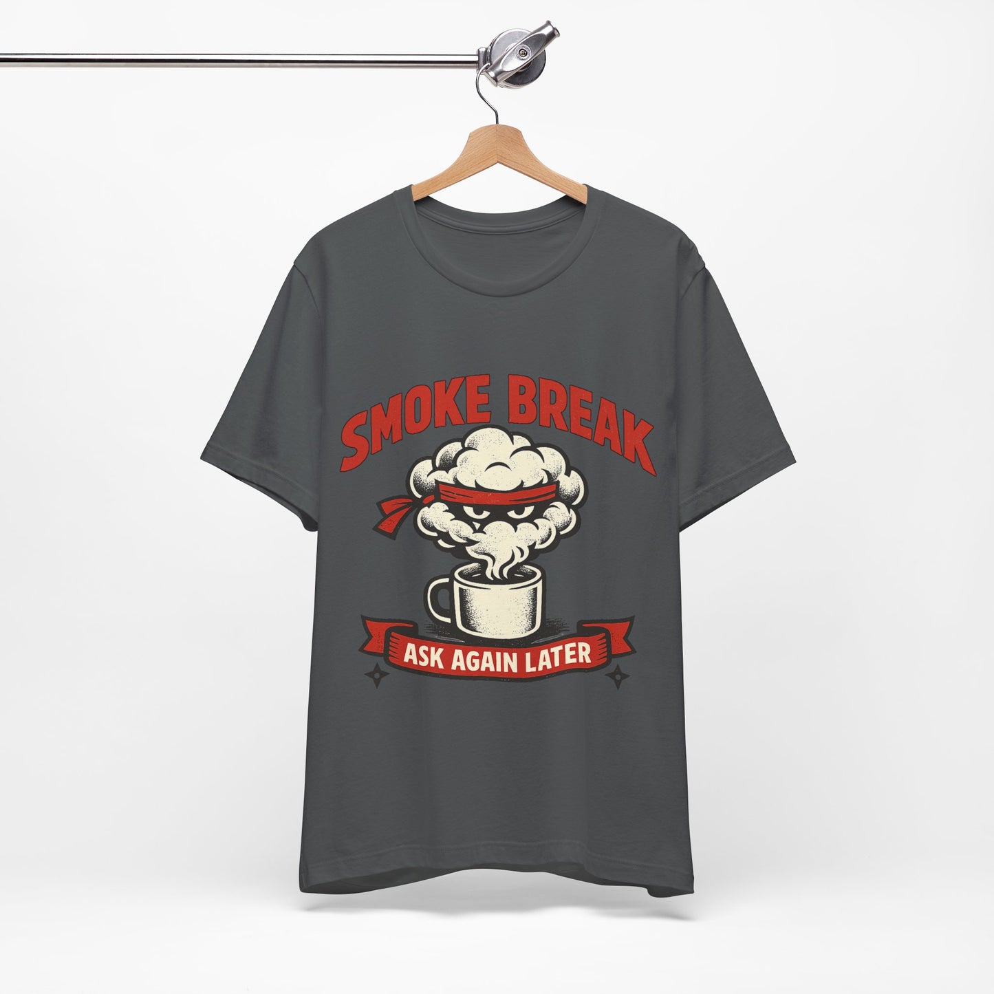 Natural Bella+Canvas 3001 unisex tee with Smoke Break Ask Again Later ninja coffee cup graphic, detail view