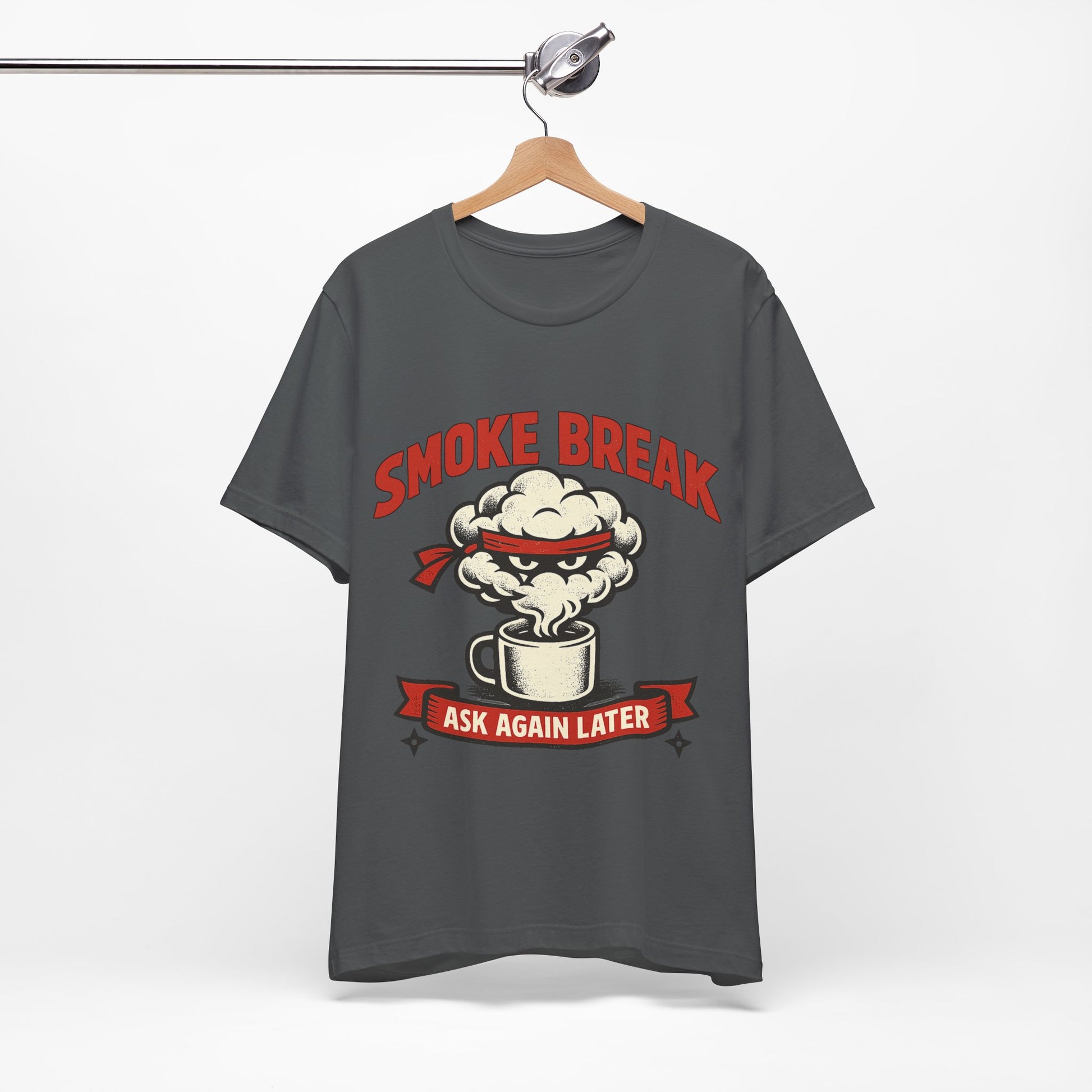 Natural Bella+Canvas 3001 unisex tee with Smoke Break Ask Again Later ninja coffee cup graphic, detail view