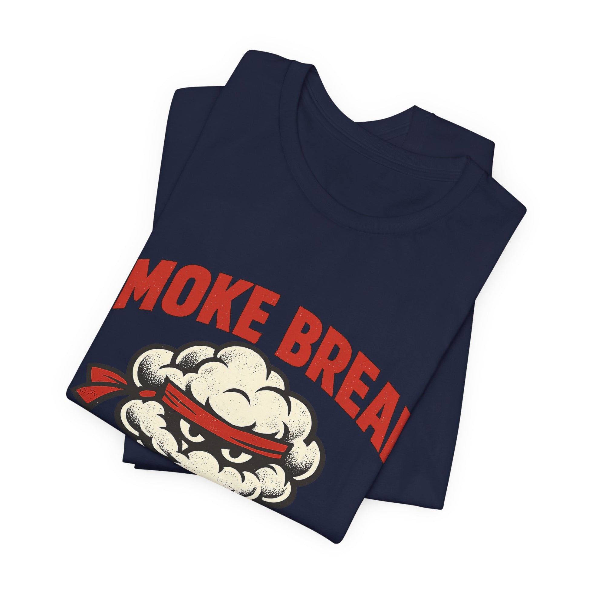 Steel Blue Bella+Canvas 3001 unisex tee with Smoke Break Ask Again Later ninja coffee cup graphic, flat lay