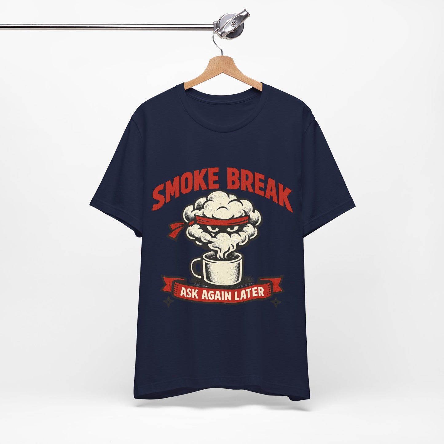 Team Purple Bella+Canvas 3001 unisex tee with Smoke Break Ask Again Later ninja coffee cup graphic, flat lay