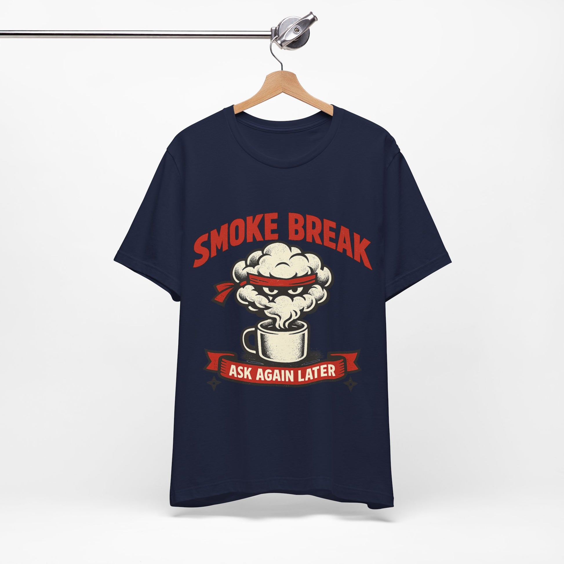 Team Purple Bella+Canvas 3001 unisex tee with Smoke Break Ask Again Later ninja coffee cup graphic, flat lay