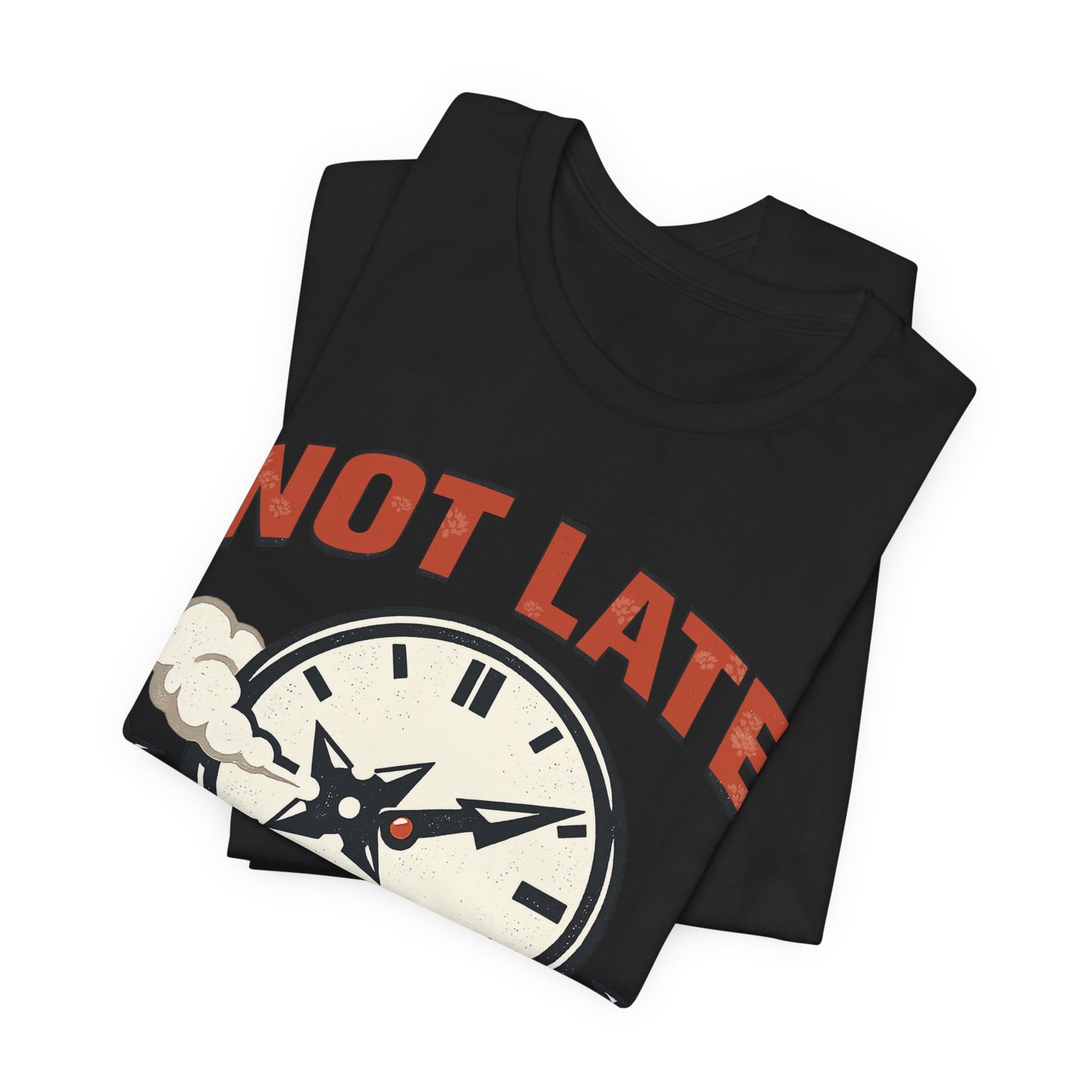 Black Bella+Canvas 3001 unisex tee with Not Late Arrived Unseen ninja clock design, on hanger