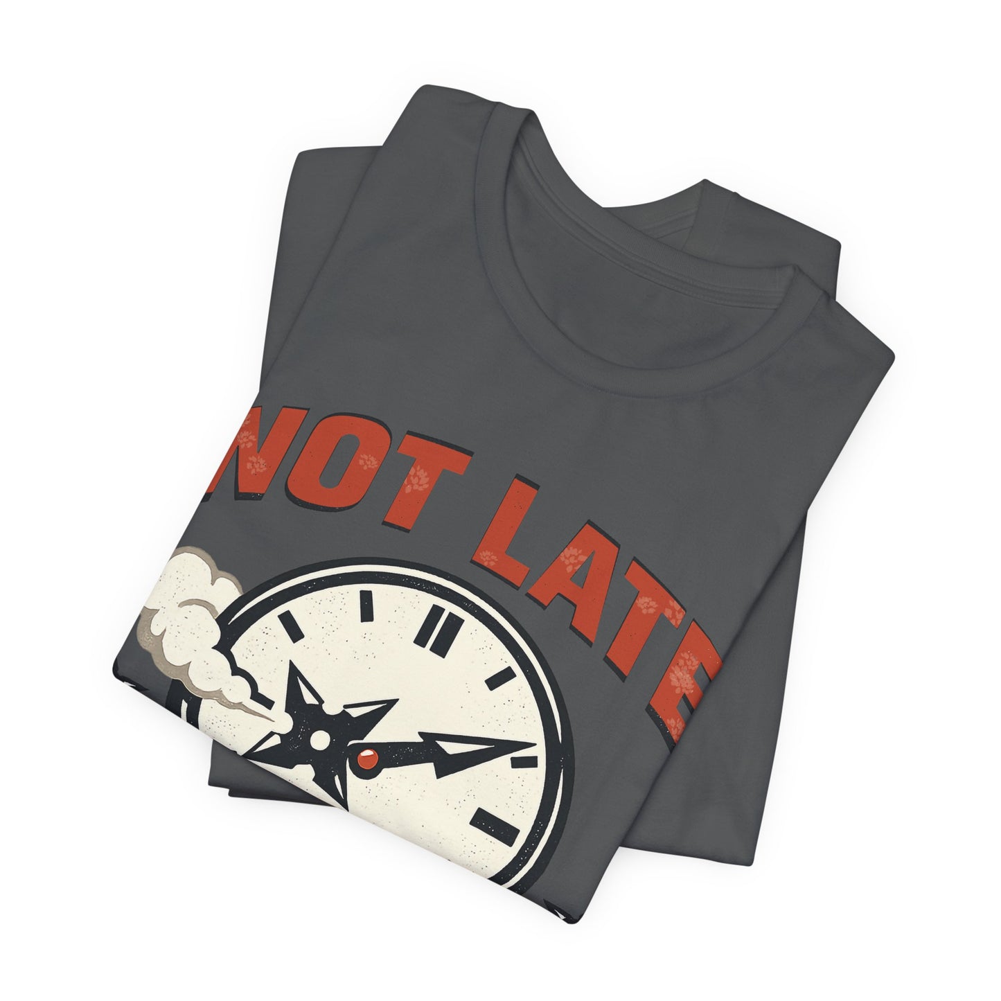 Navy Bella+Canvas 3001 unisex tee with Not Late Arrived Unseen ninja clock design, flat lay