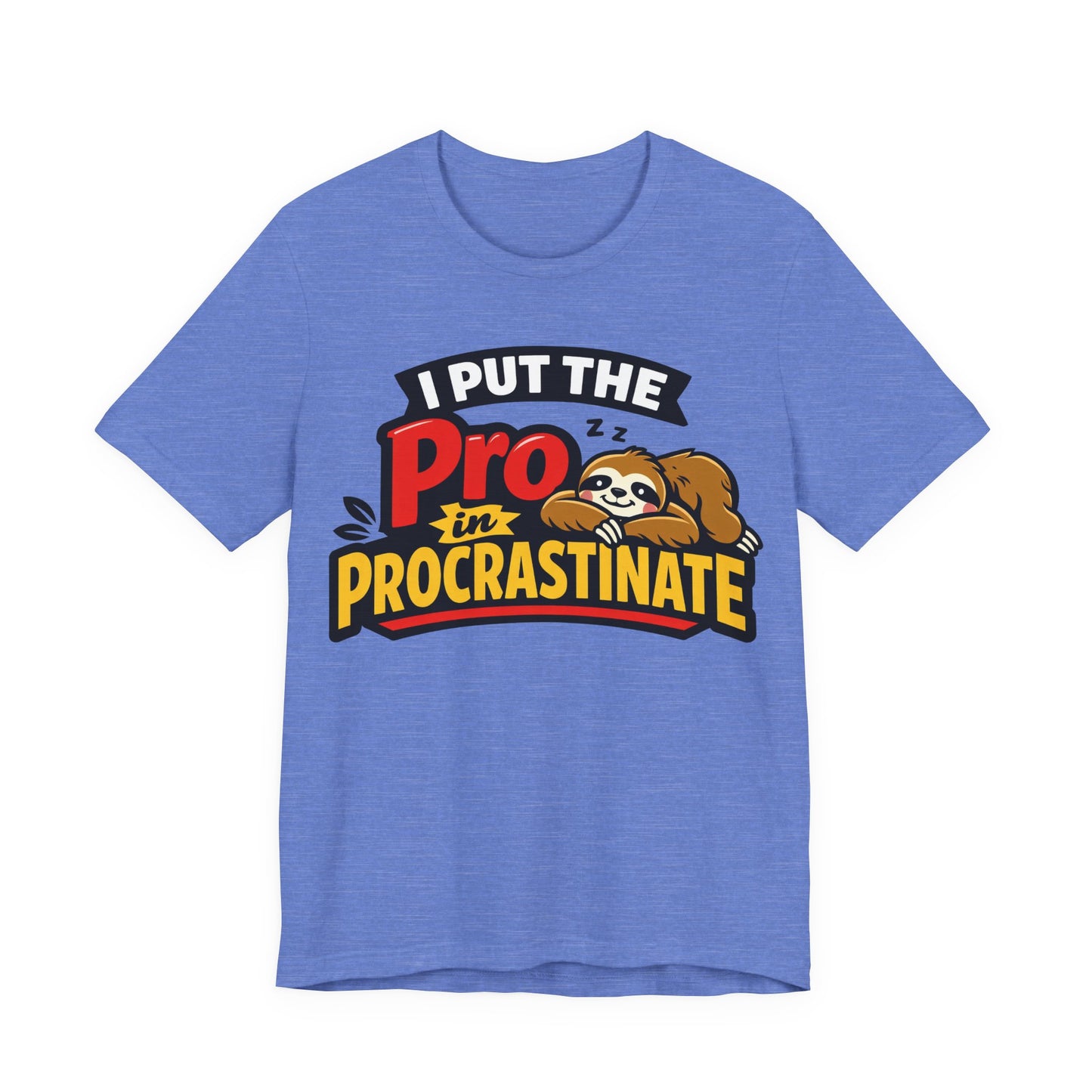 Navy Bella+Canvas 3001 unisex tee with I Put the Pro in Procrastinate sloth graphic, flat lay