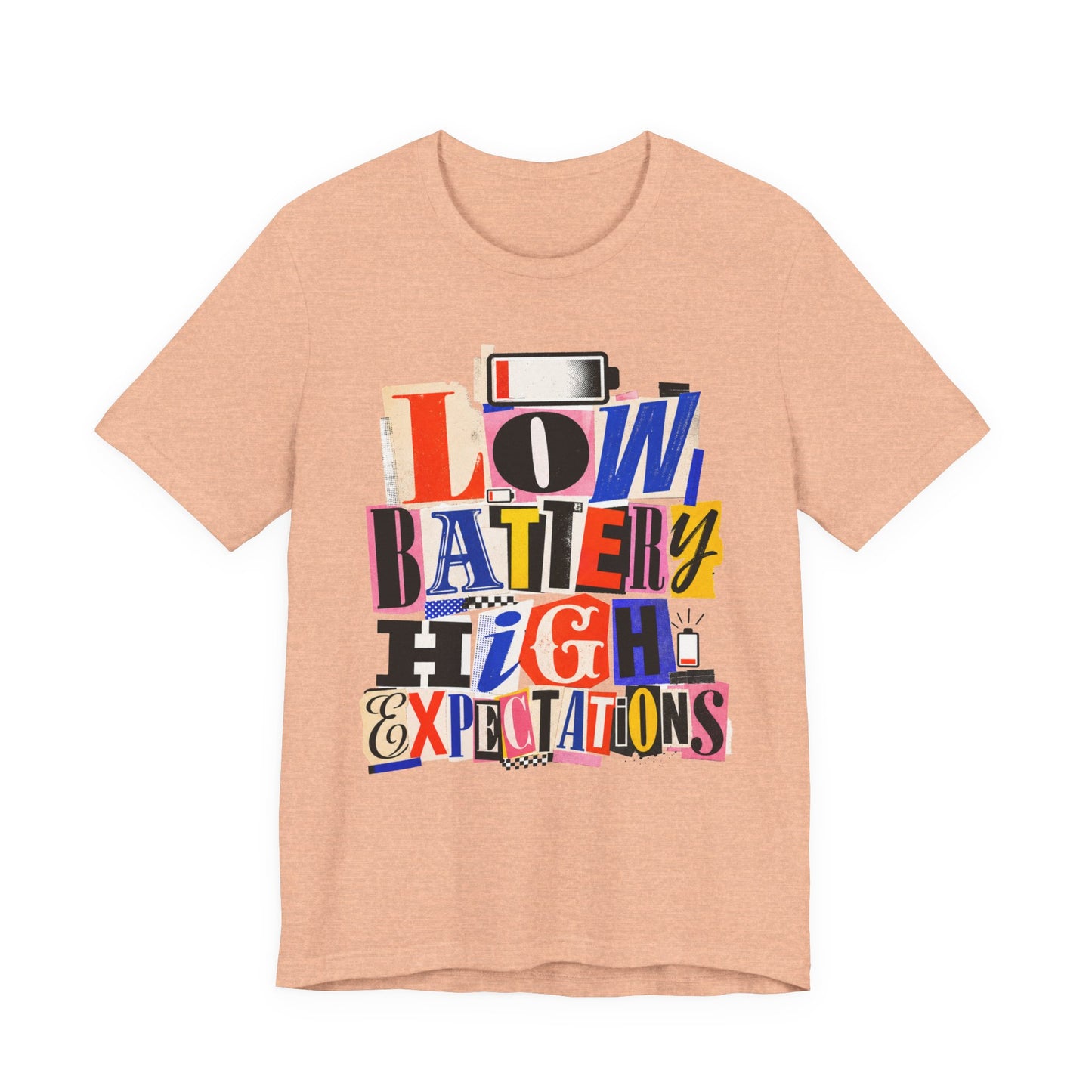 Heather Peach Bella+Canvas 3001 unisex tee with Low Battery High Expectations graphic