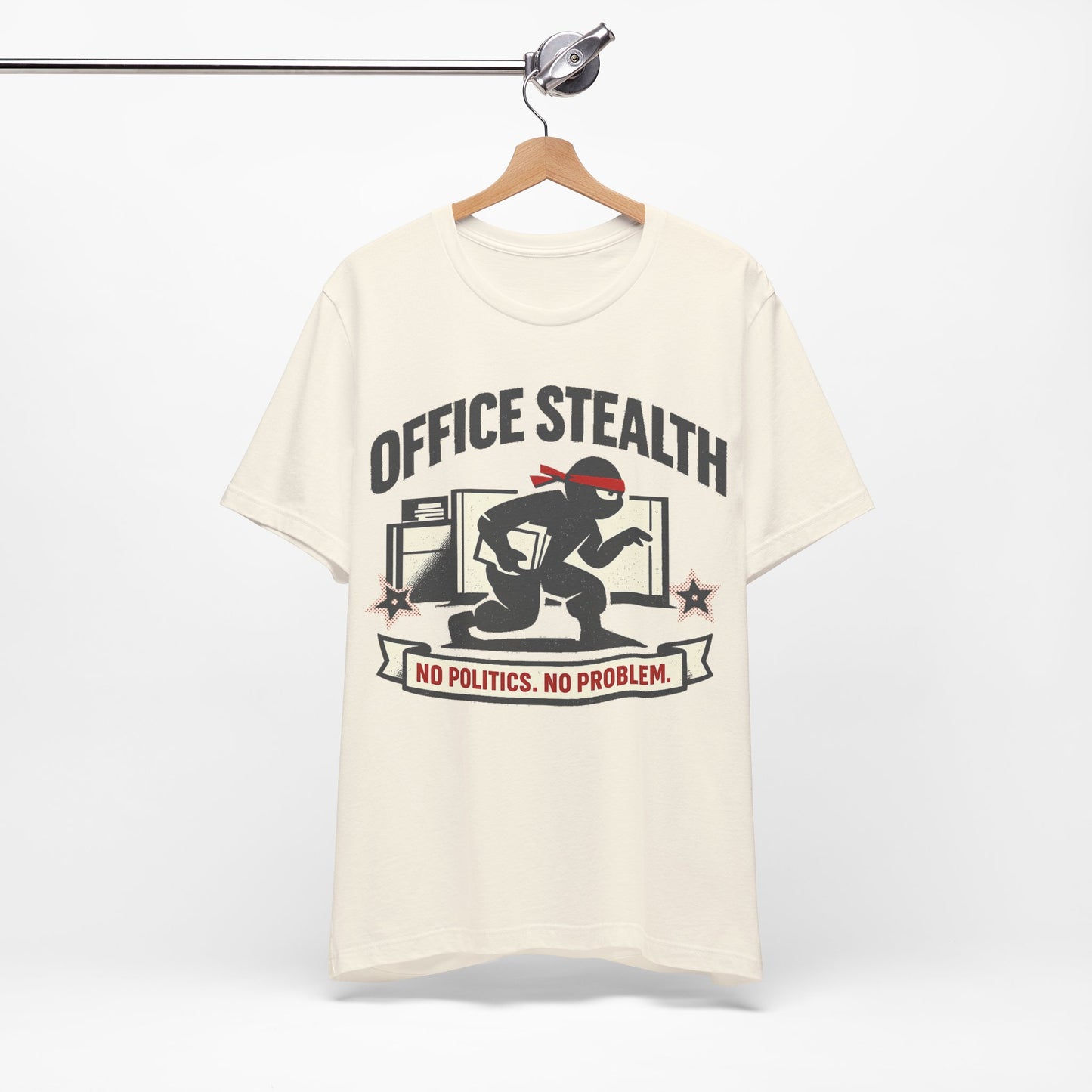 Red Bella+Canvas 3001 unisex tee with Office Stealth vintage faded ninja design, flat lay