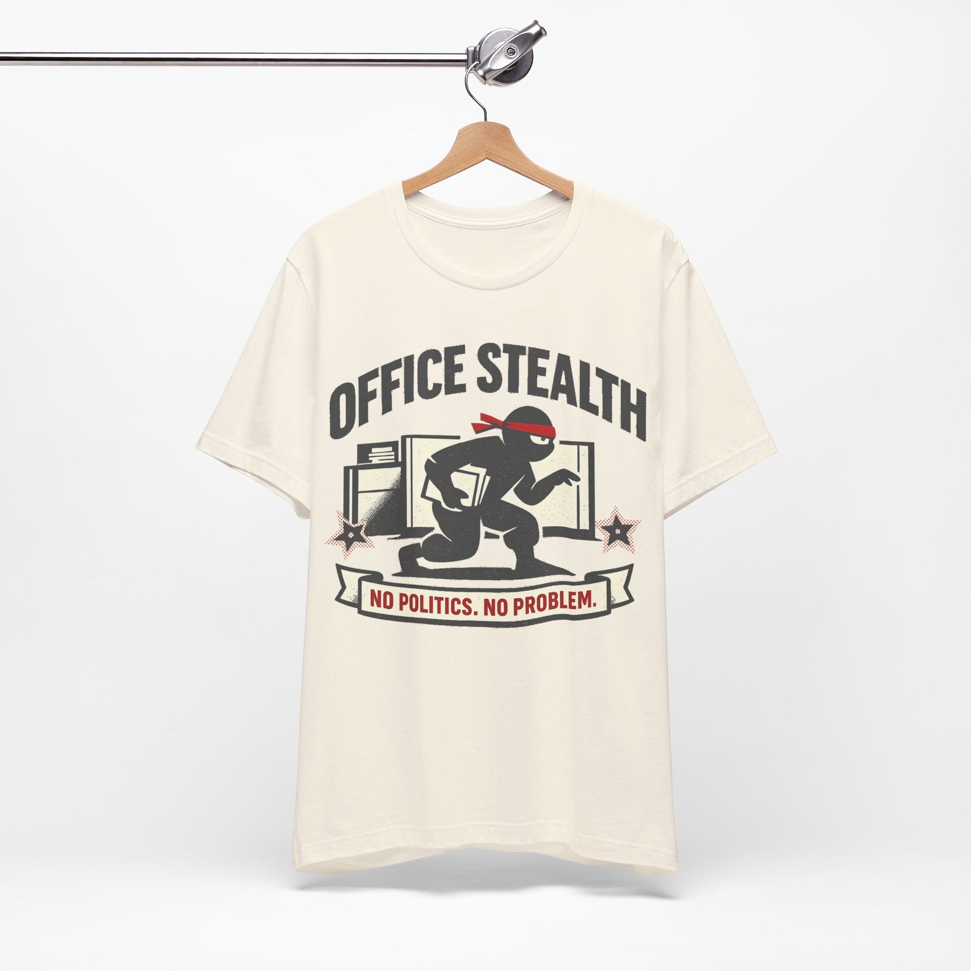 Red Bella+Canvas 3001 unisex tee with Office Stealth vintage faded ninja design, flat lay