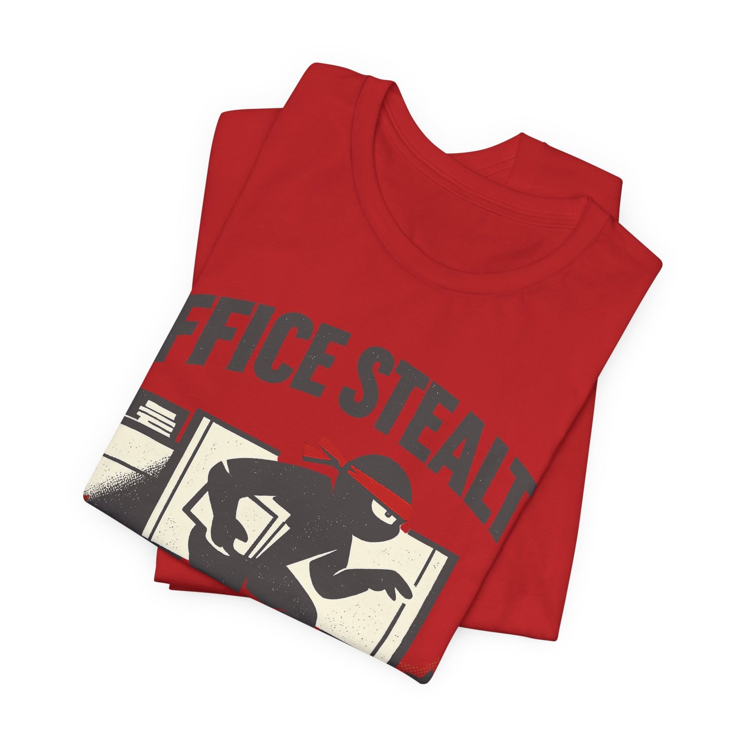 Black Bella+Canvas 3001 unisex tee with Office Stealth vintage faded ninja design, flat lay