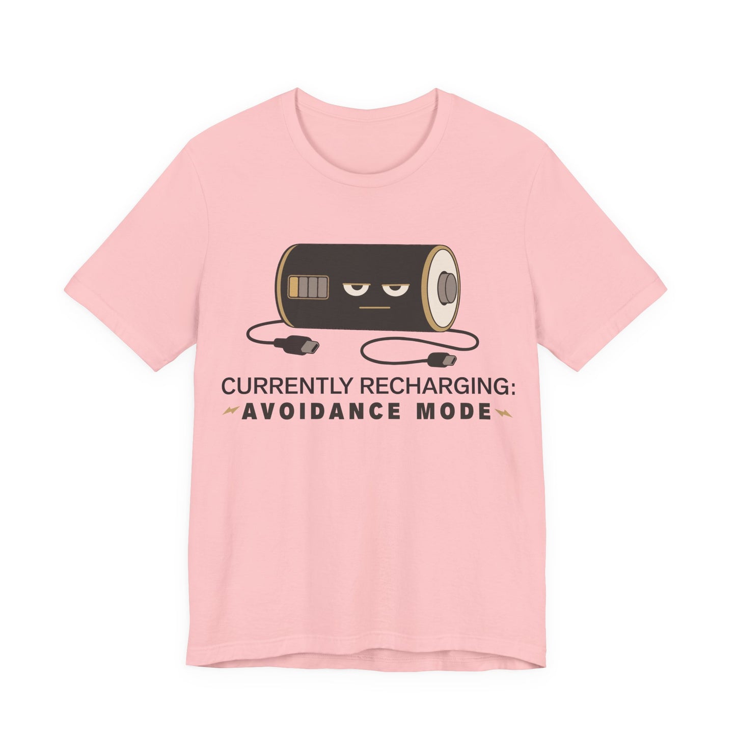 Pink Bella+Canvas 3001 unisex tee with Currently Recharging Avoidance Mode graphic