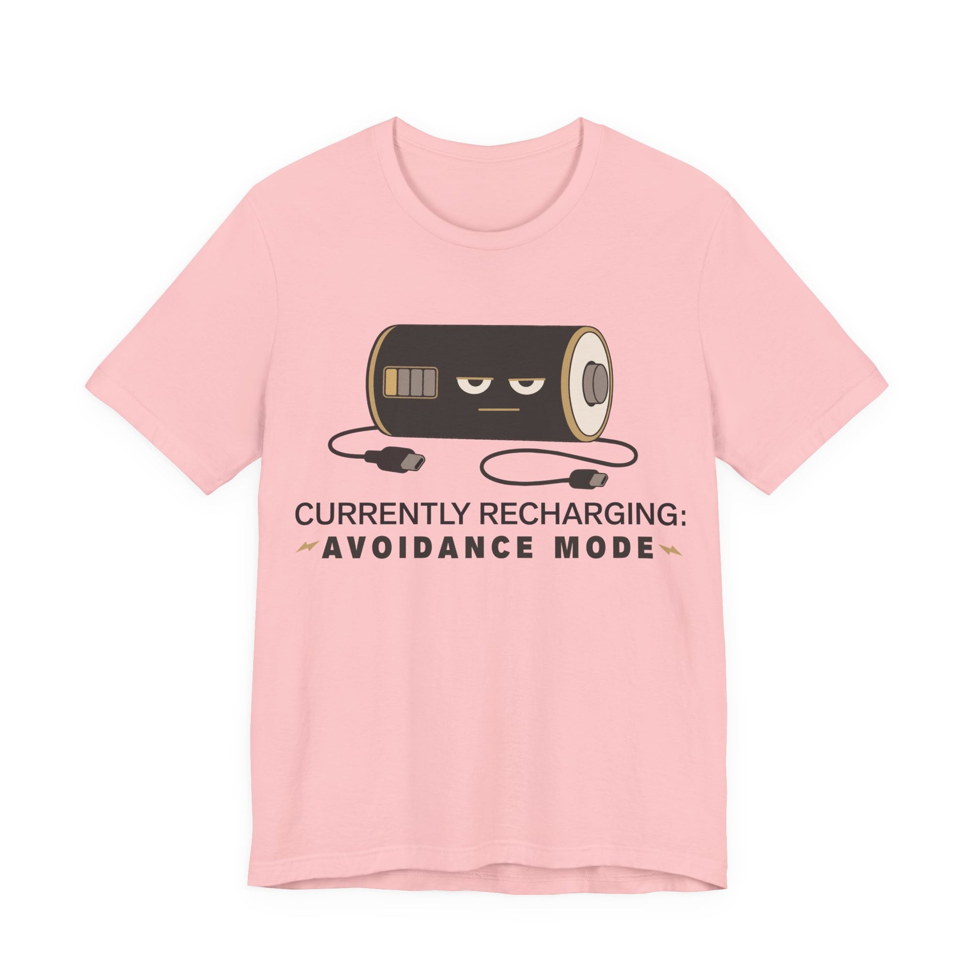 Pink Bella+Canvas 3001 unisex tee with Currently Recharging Avoidance Mode graphic