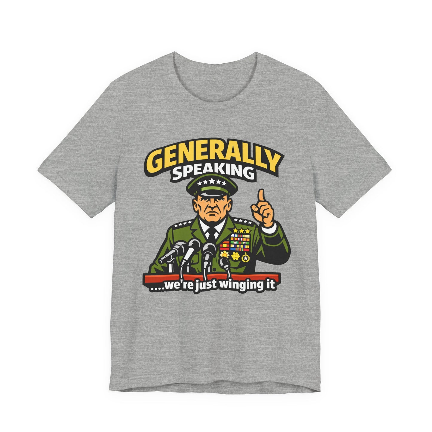 Natural Bella+Canvas 3001 unisex tee with Generally Speaking We're Just Winging It graphic, flat lay