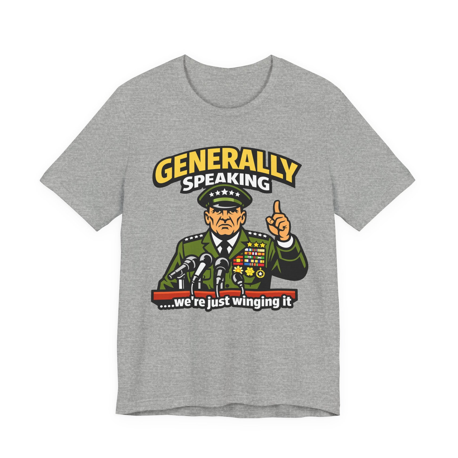 Natural Bella+Canvas 3001 unisex tee with Generally Speaking We're Just Winging It graphic, flat lay