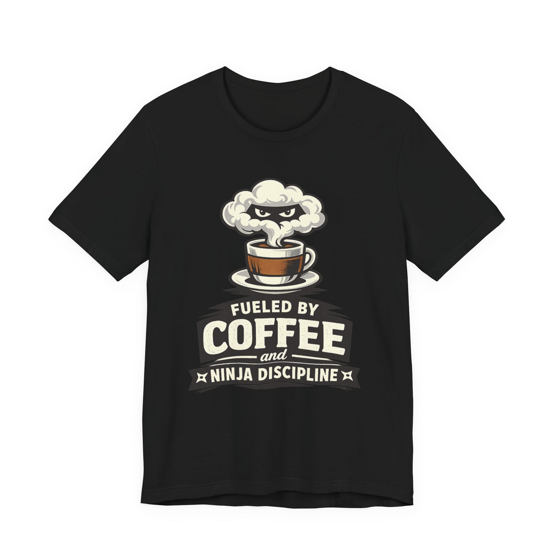 Black Bella+Canvas 3001 unisex tee with Fueled by Coffee and Ninja Discipline cup badge graphic, flat lay