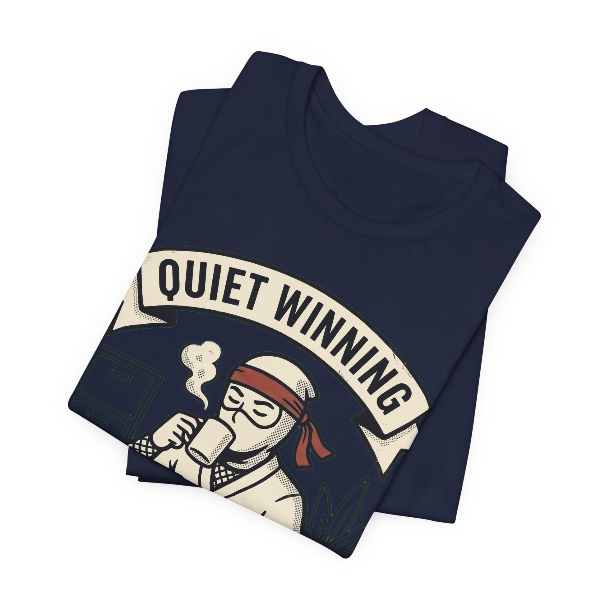 Asphalt Bella+Canvas 3001 unisex tee with Quiet Winning ninja laptop design, flat lay