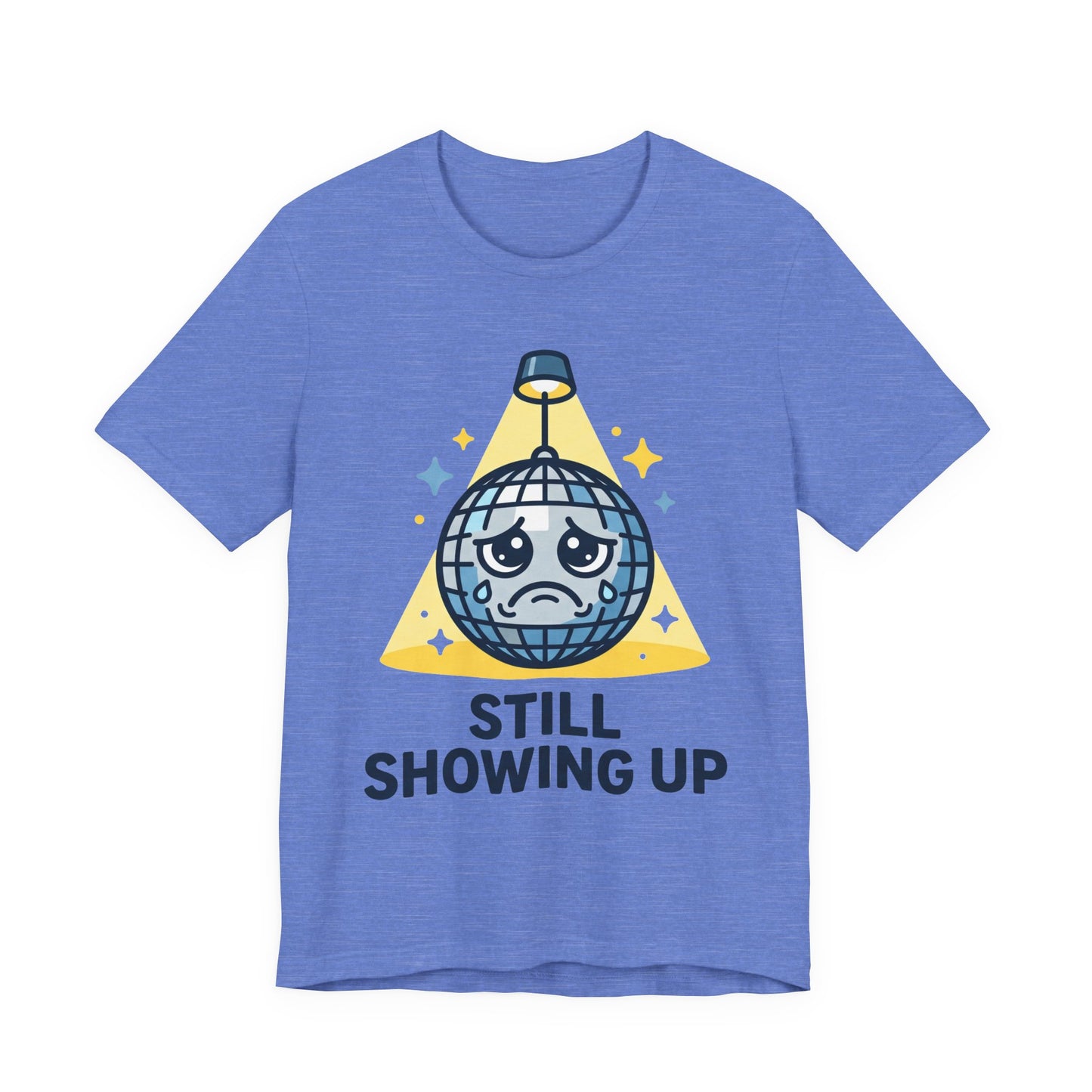 Navy Bella+Canvas 3001 unisex tee with Still Showing Up graphic, flat lay