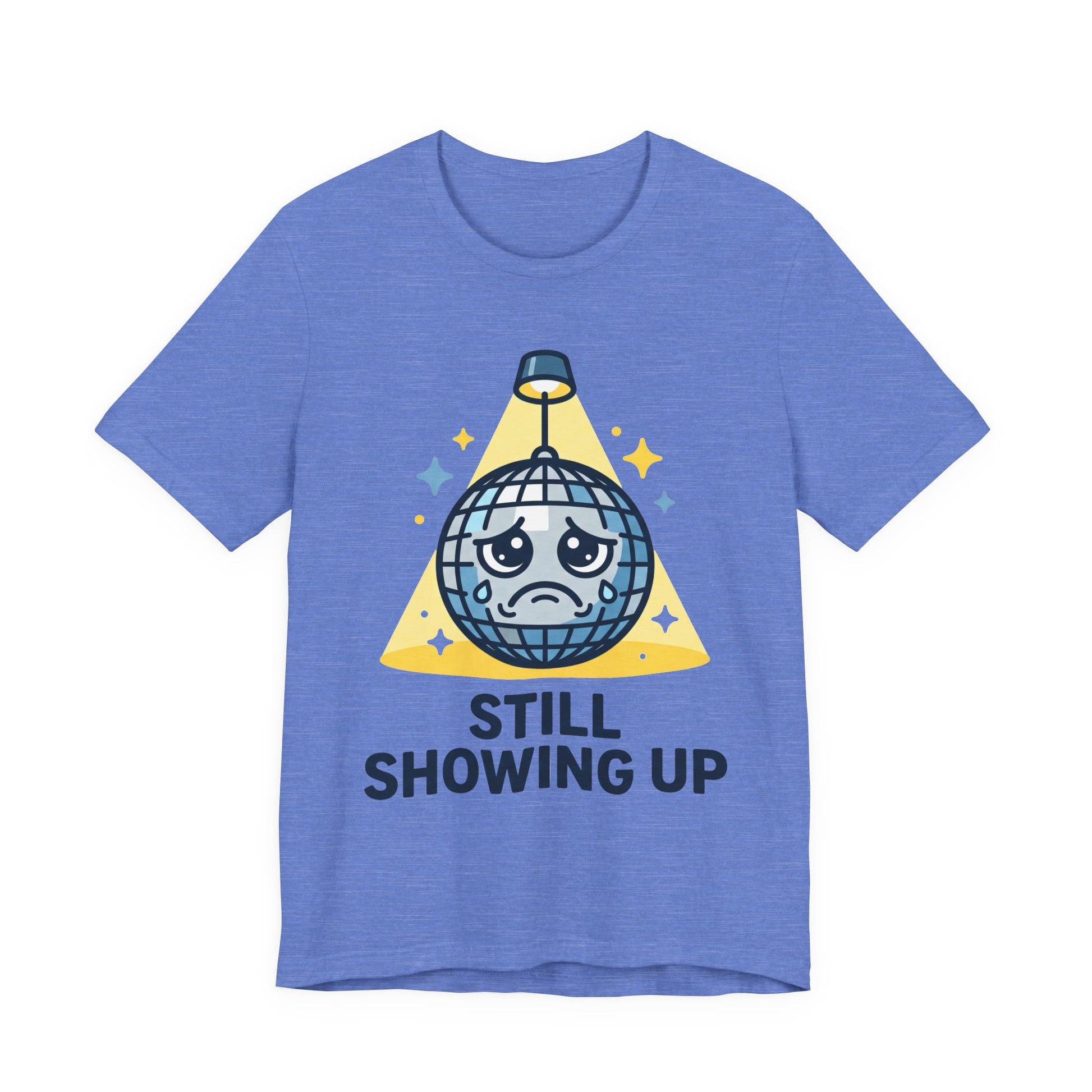 Navy Bella+Canvas 3001 unisex tee with Still Showing Up graphic, flat lay
