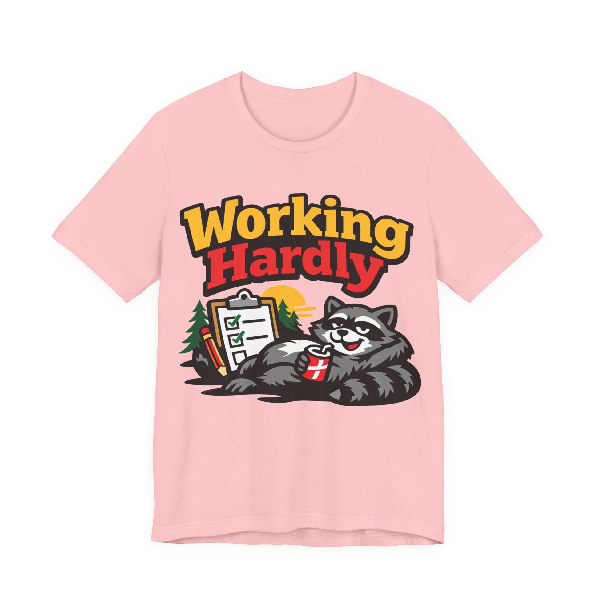 Asphalt Bella+Canvas 3001 unisex tee with Working Hardly raccoon graphic, flat lay