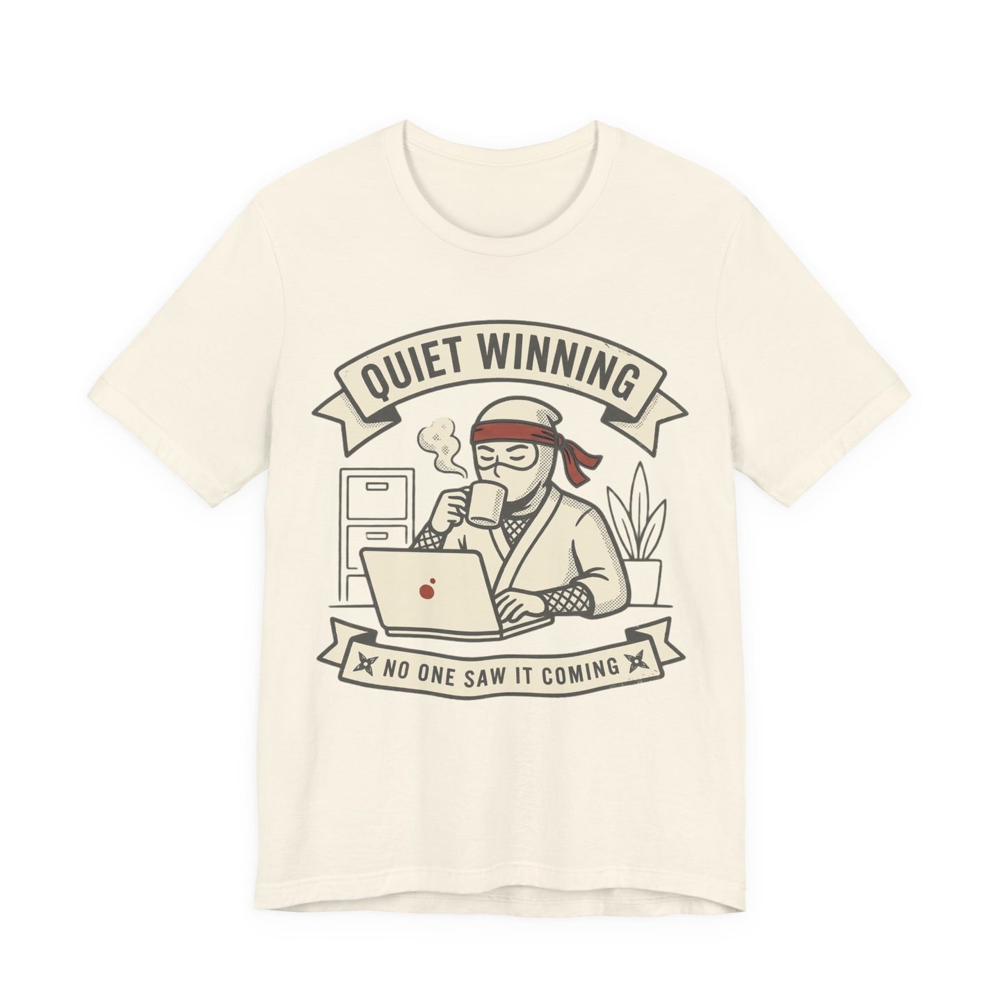 Natural Bella+Canvas 3001 unisex tee with Quiet Winning ninja laptop design, on hanger