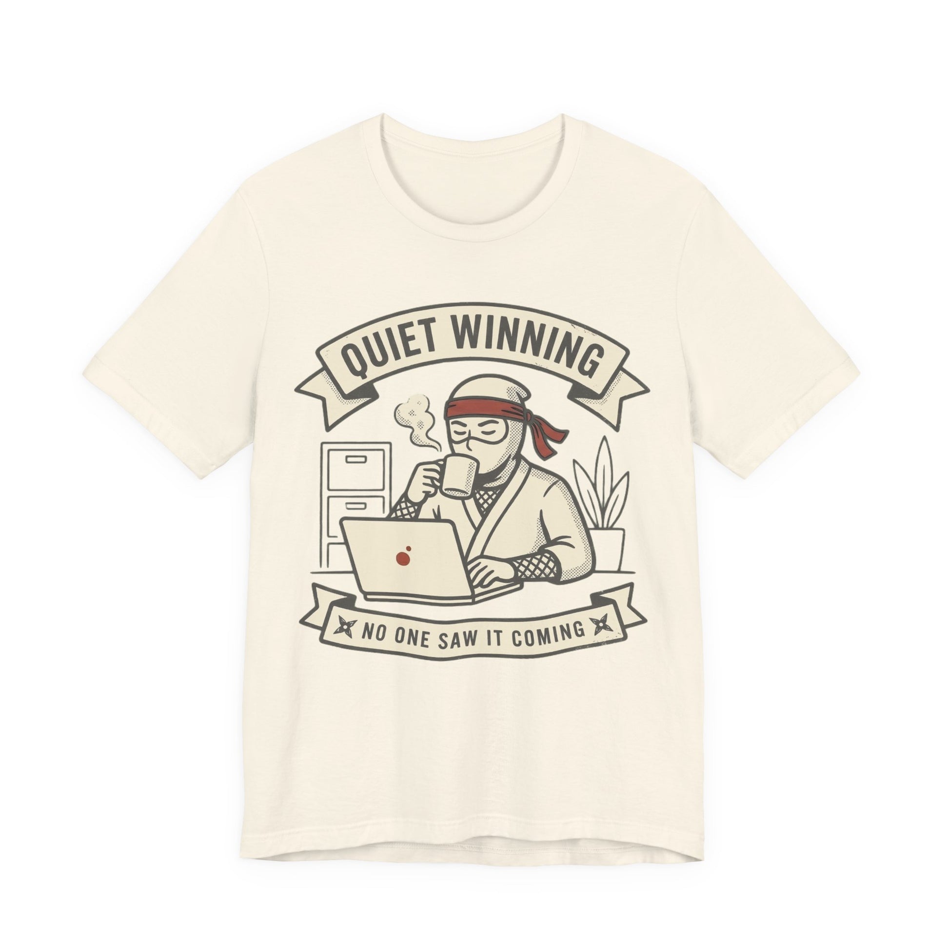 Natural Bella+Canvas 3001 unisex tee with Quiet Winning ninja laptop design, on hanger