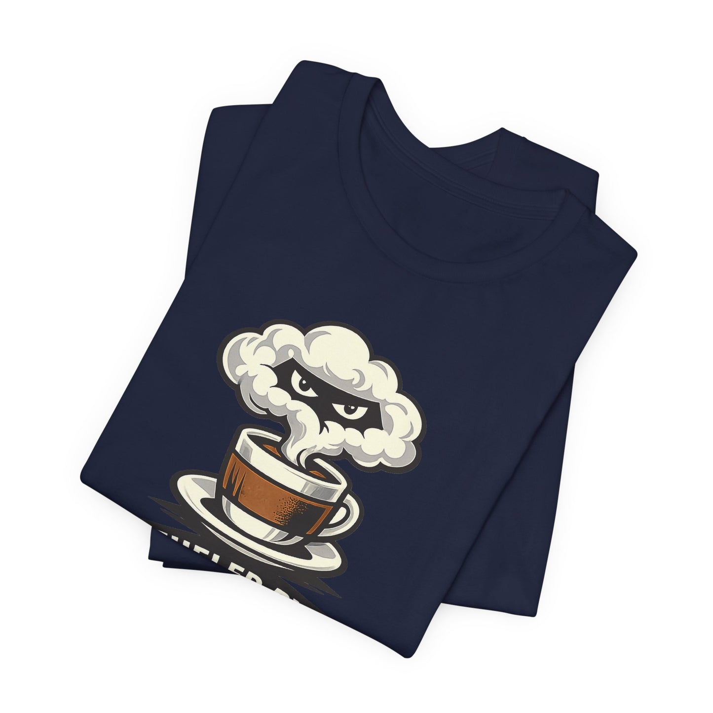Navy Bella+Canvas 3001 unisex tee with Fueled by Coffee and Ninja Discipline cup badge graphic, flat lay
