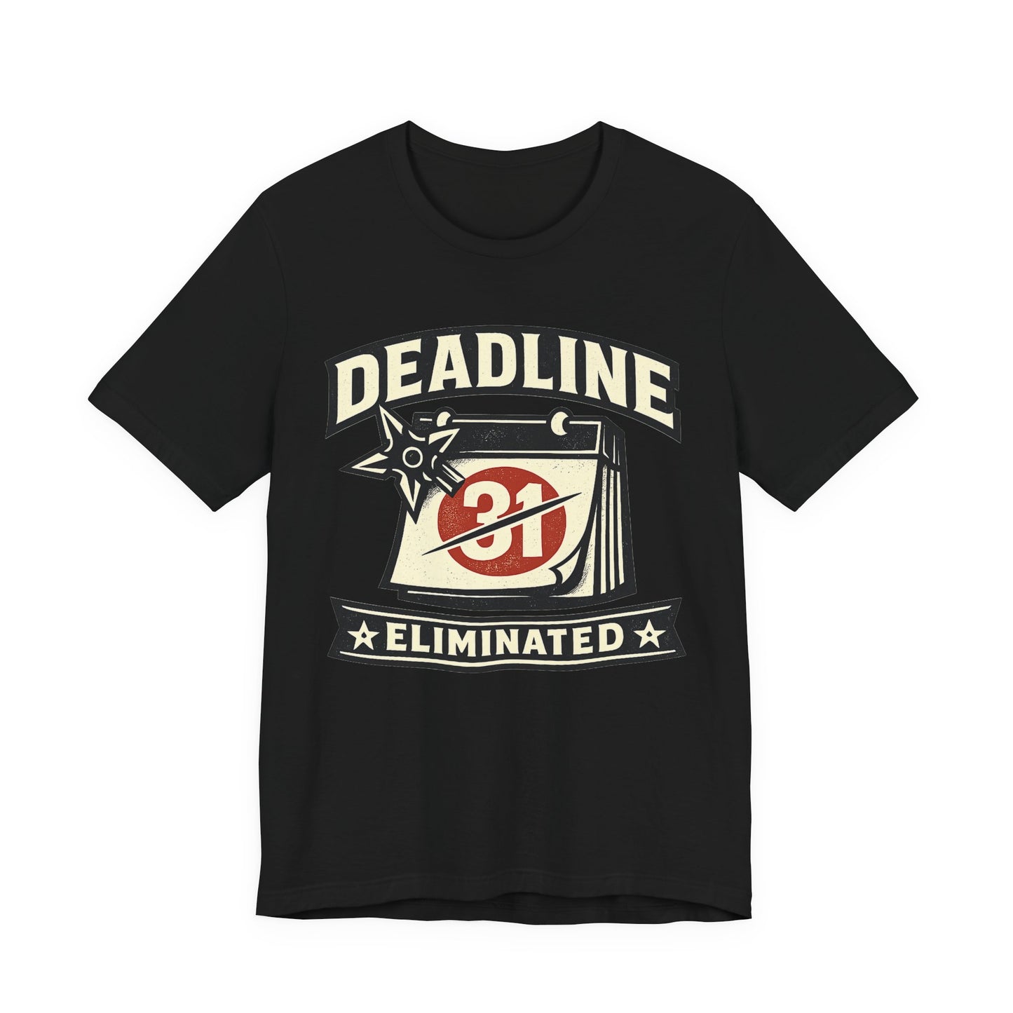 Black Bella+Canvas 3001 unisex tee with Deadline Eliminated ninja badge graphic, flat lay