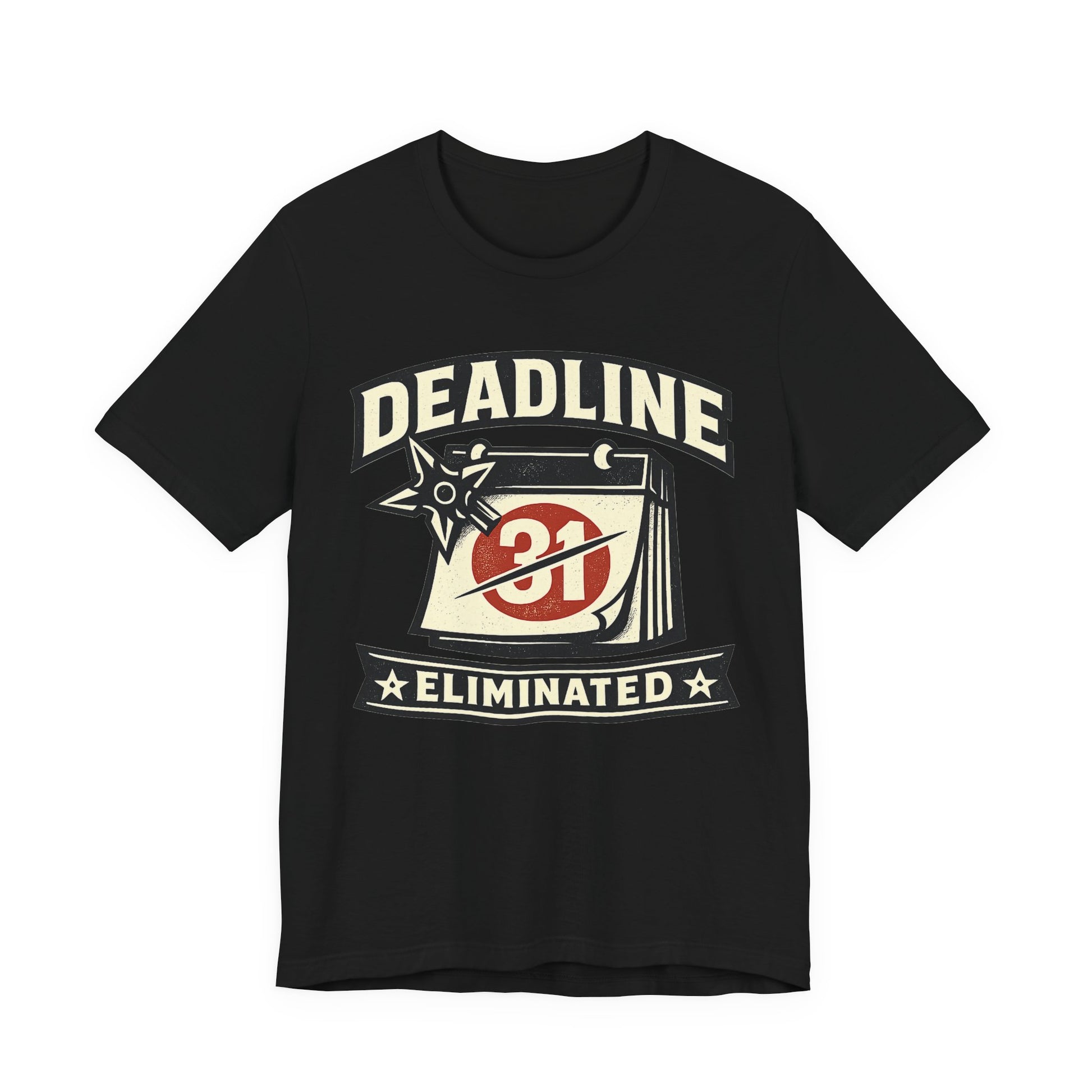 Black Bella+Canvas 3001 unisex tee with Deadline Eliminated ninja badge graphic, flat lay