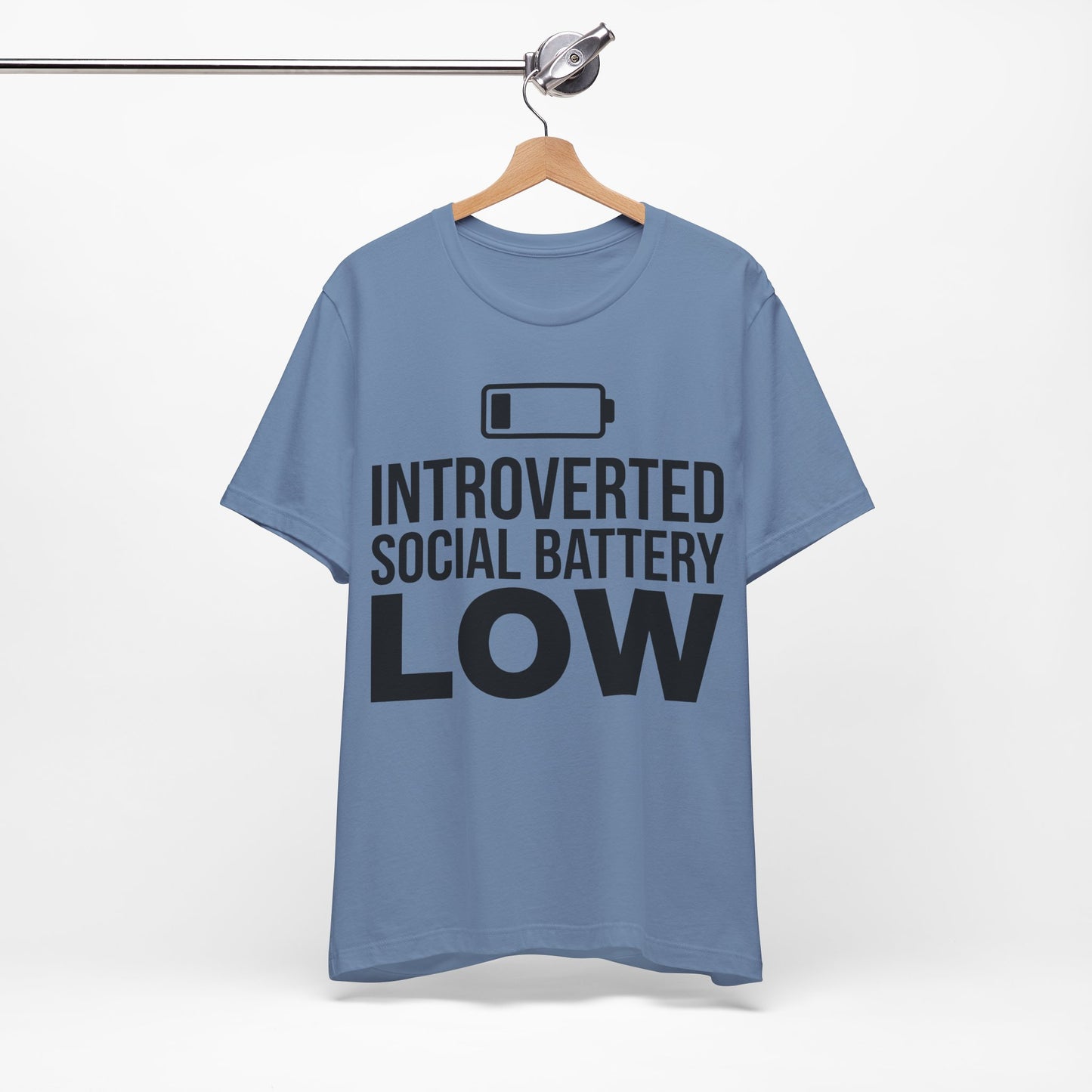 Introverted Social Battery Low graphic on Bella+Canvas 3001 unisex tee