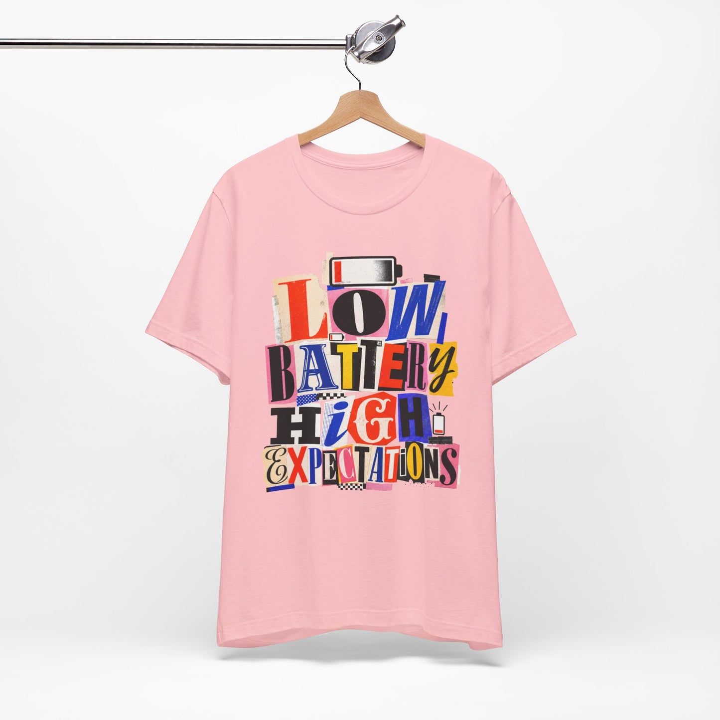 Low Battery High Expectations graphic on Bella+Canvas 3001 unisex tee