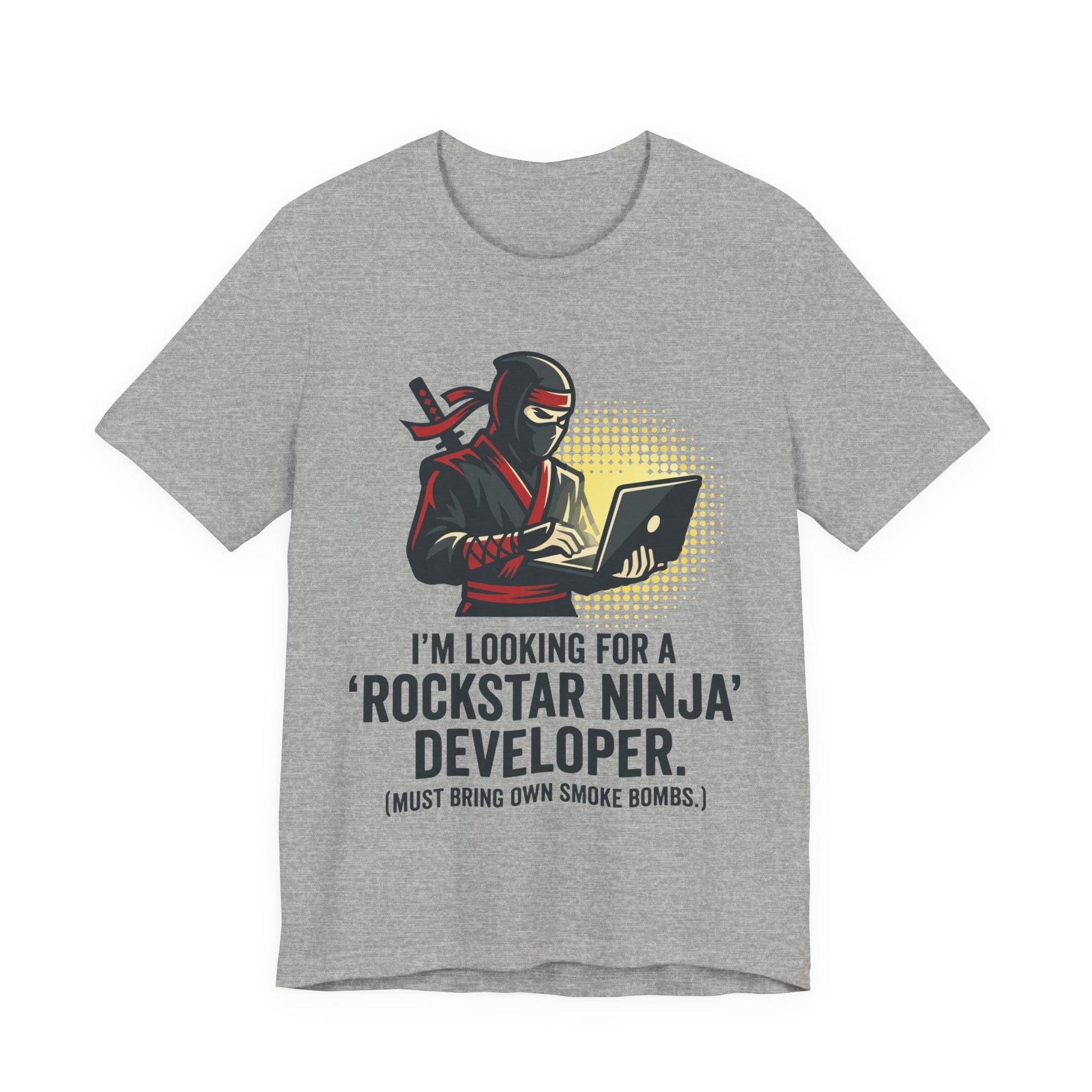 Athletic Heather Bella+Canvas 3001 unisex tee with Rockstar Ninja Developer graphic and text design, on hanger
