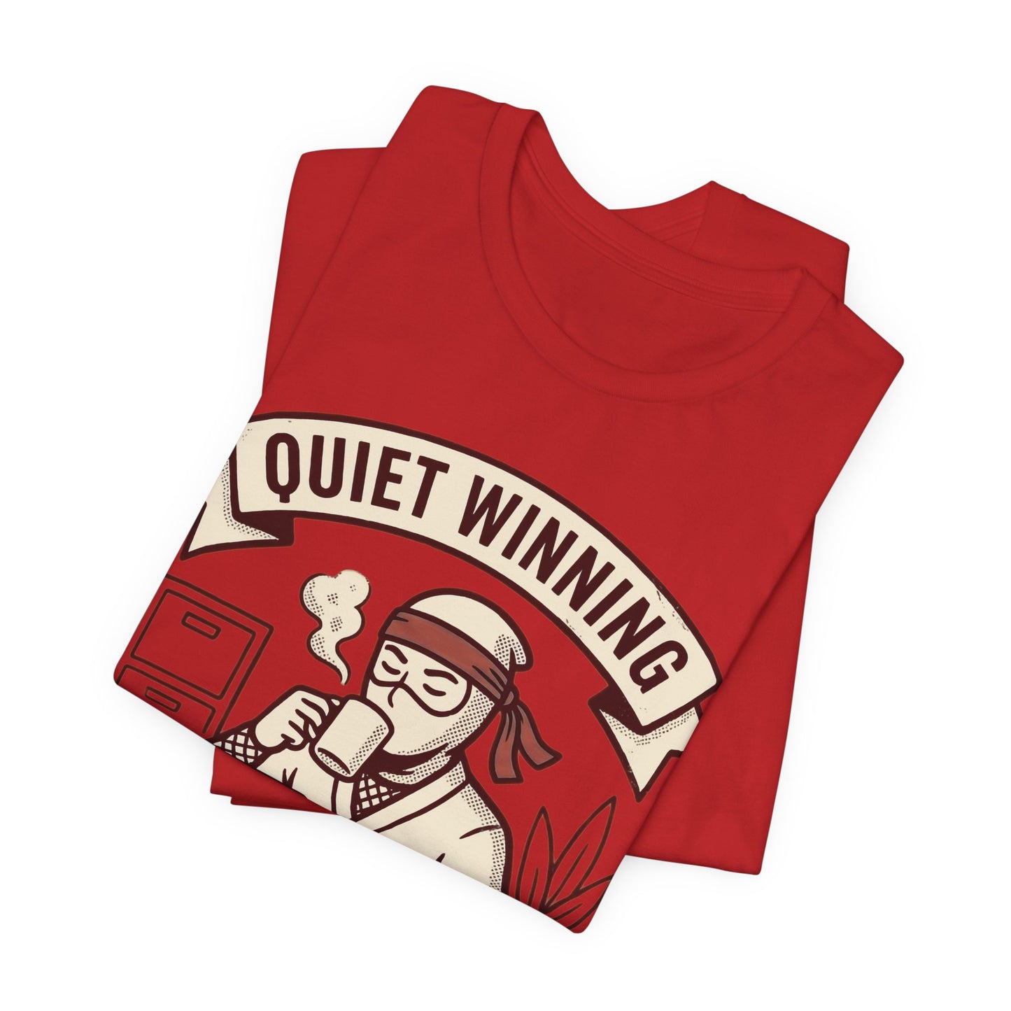 Black Bella+Canvas 3001 unisex tee with Quiet Winning ninja laptop design, flat lay
