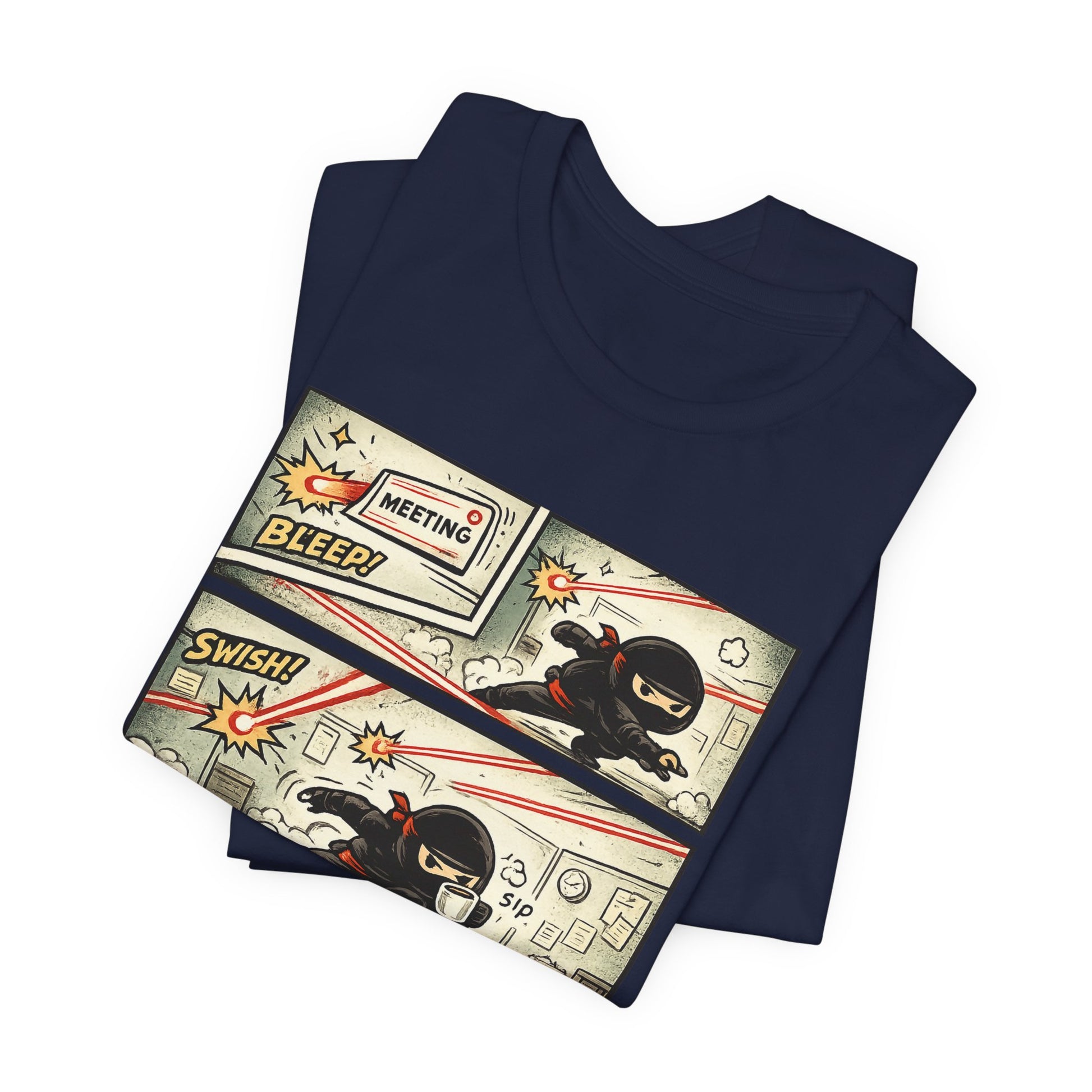 Navy Bella+Canvas 3001 unisex tee with Quiet Winning ninja comic strip graphic, on hanger