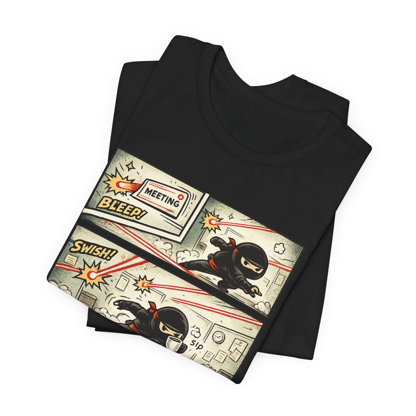 Black Bella+Canvas 3001 unisex tee with Quiet Winning ninja comic strip graphic, on hanger