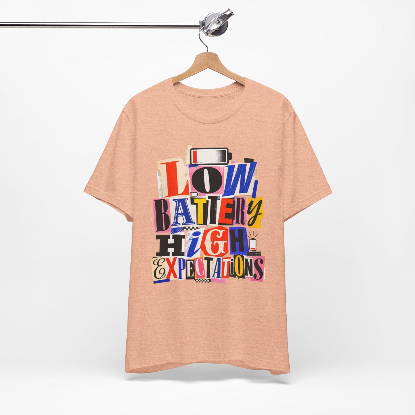Low Battery High Expectations graphic on Bella+Canvas 3001 unisex tee