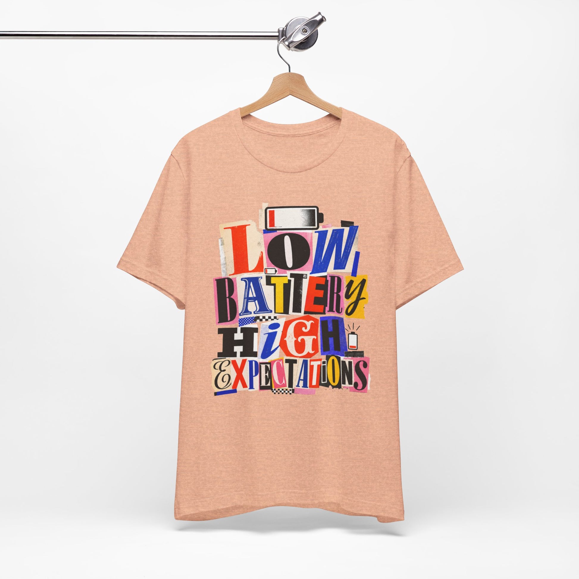 Low Battery High Expectations graphic on Bella+Canvas 3001 unisex tee